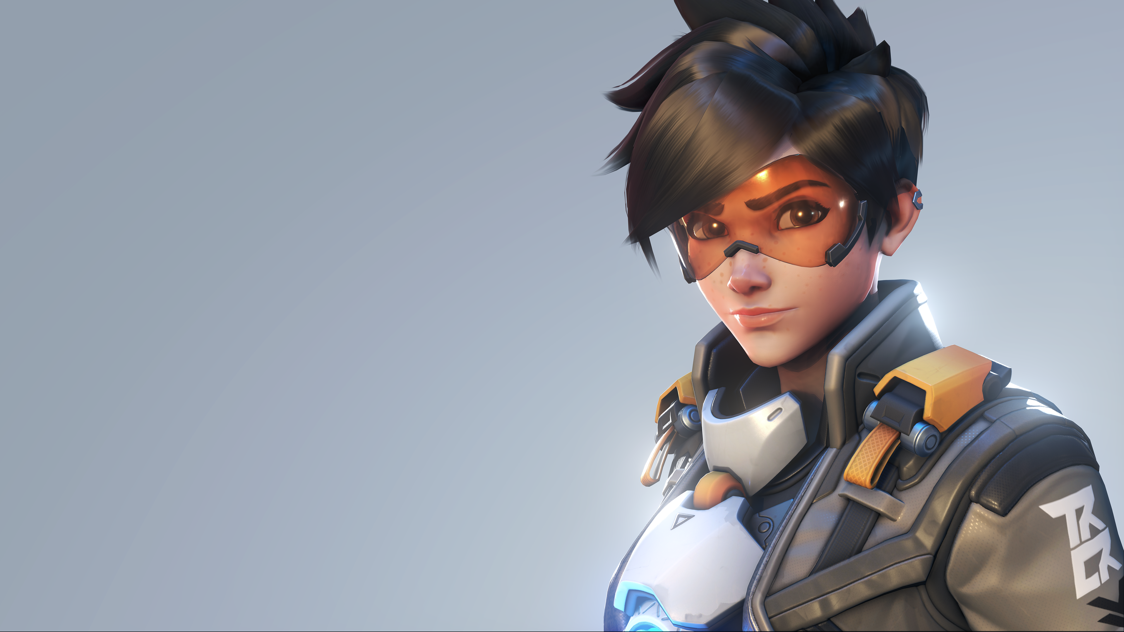 A detailed character portrait of Tracer from the video game Overwatch 2.