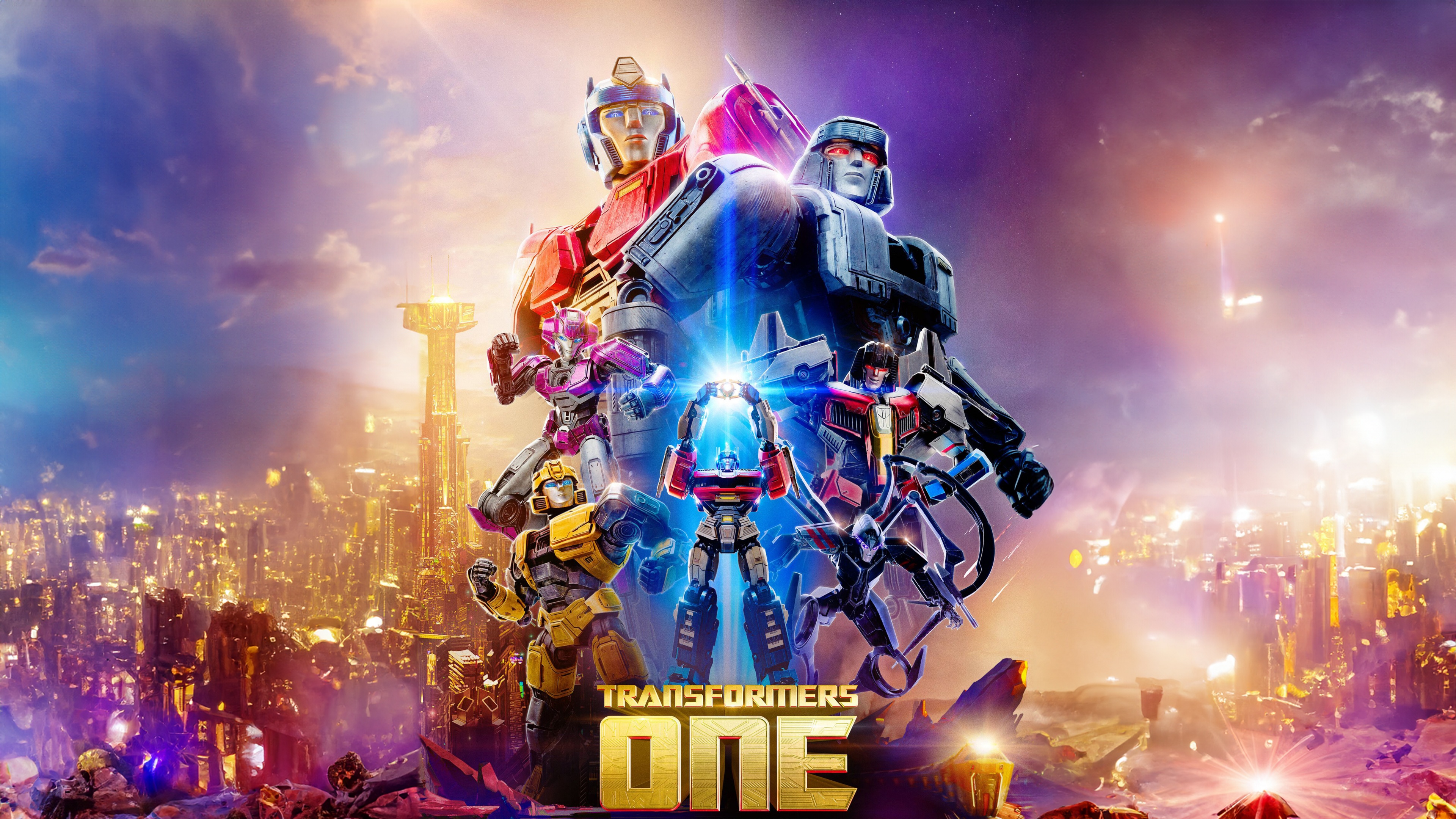 Cinematic movie poster for Transformers One featuring Orion Pax, B-127, Elita One, and D-16.