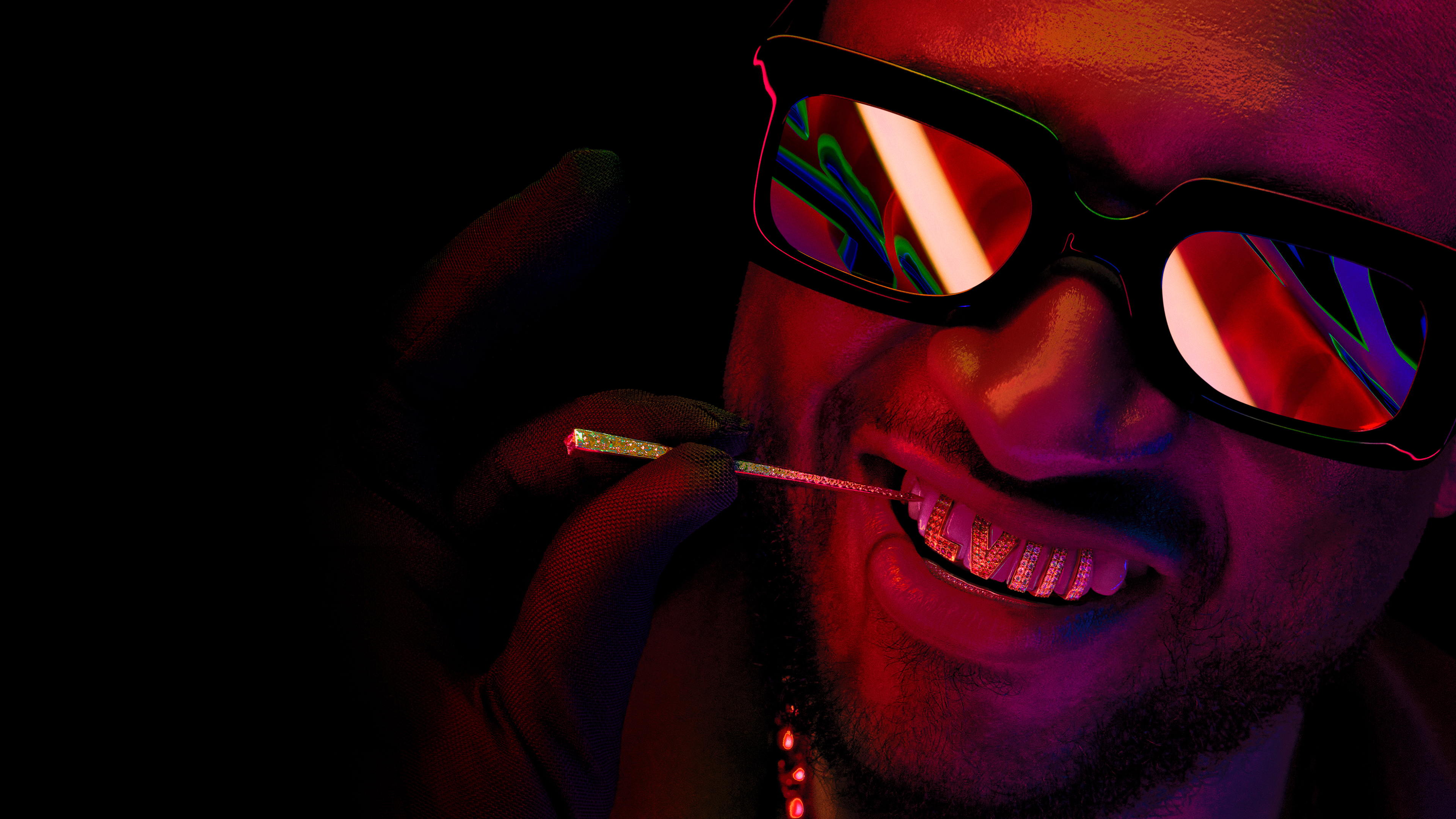 A cinematic, dark-toned shot of Usher performing live on stage during a Super Bowl concert.