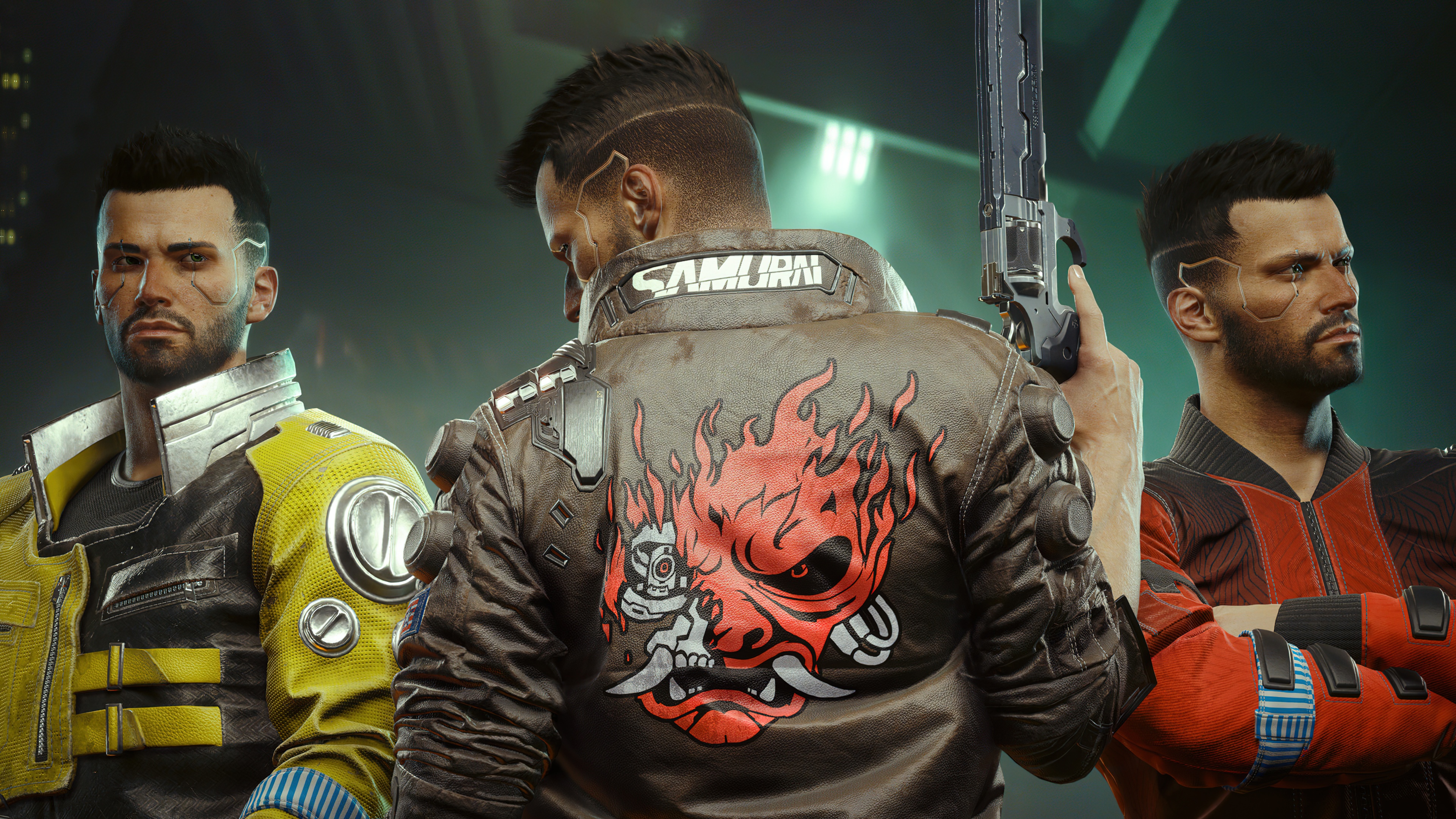 A cinematic poster of V from Cyberpunk 2077: Phantom Liberty wearing a detailed Samurai jacket amidst a cyberpunk aesthetic.