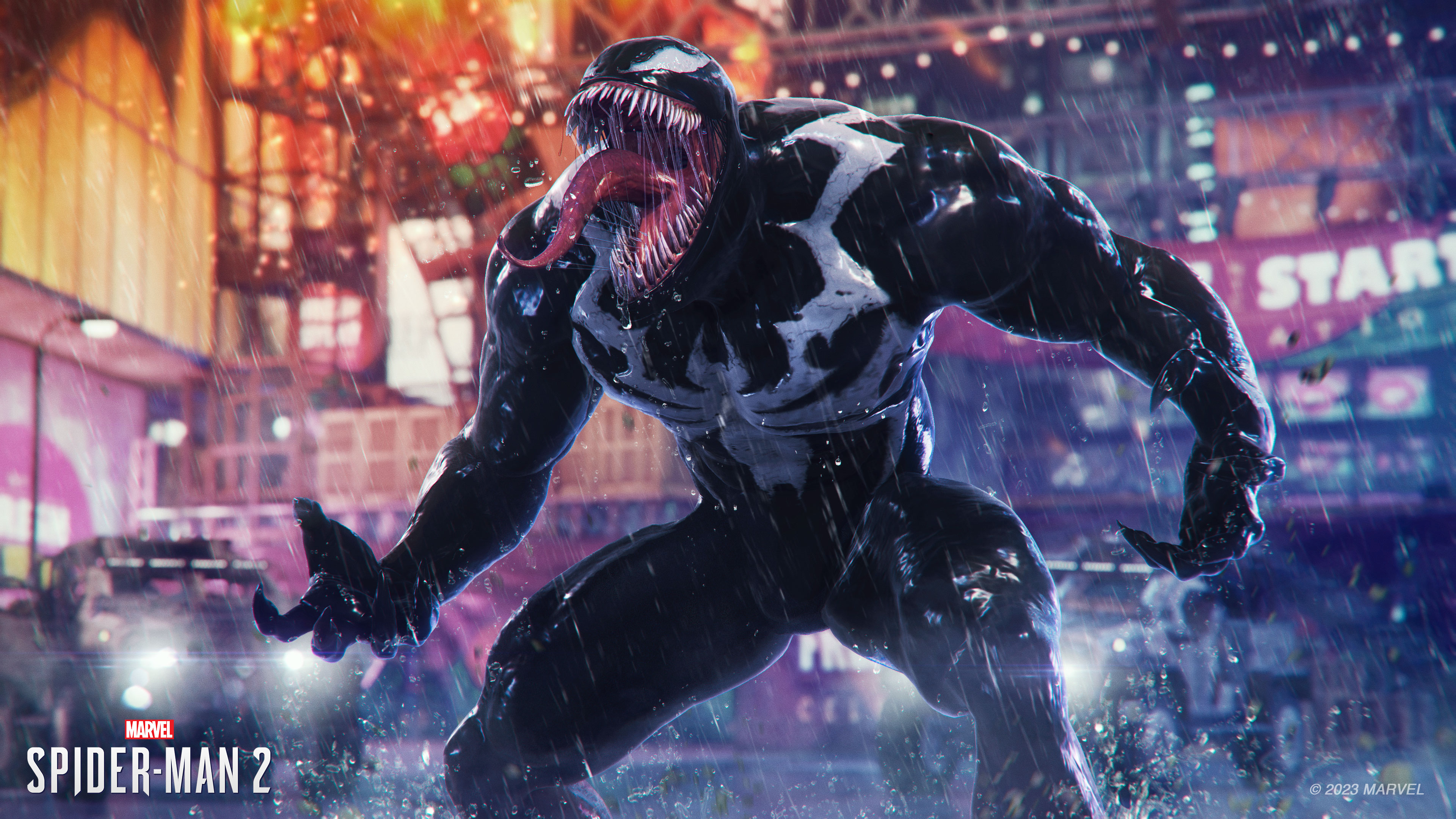 Venom from Marvel's Spider-Man 2, featuring the black symbiote with large white eyes and a fearsome appearance.