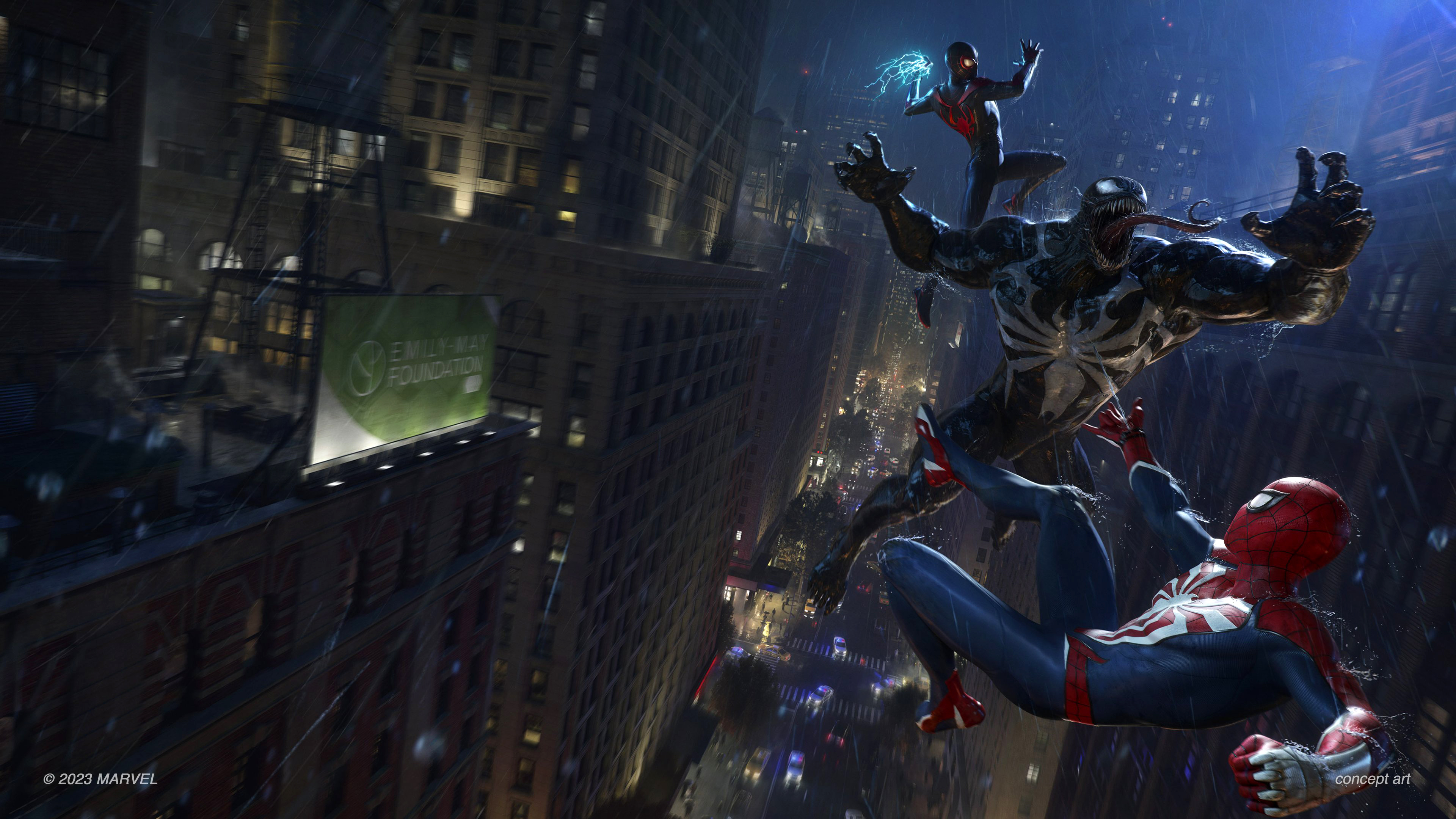 A dramatic scene featuring Venom, Miles Morales, and Spider-Man from the game Marvel's Spider-Man 2.