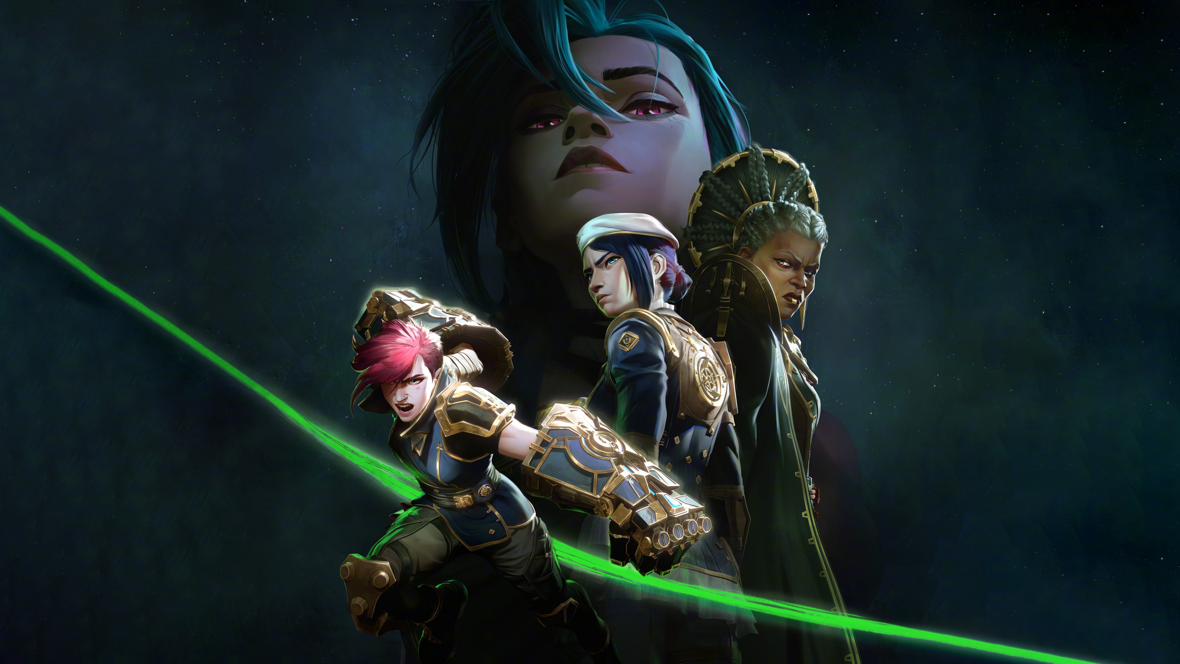 Cinematic portrait of Vi and Jinx from Arcane: League of Legends