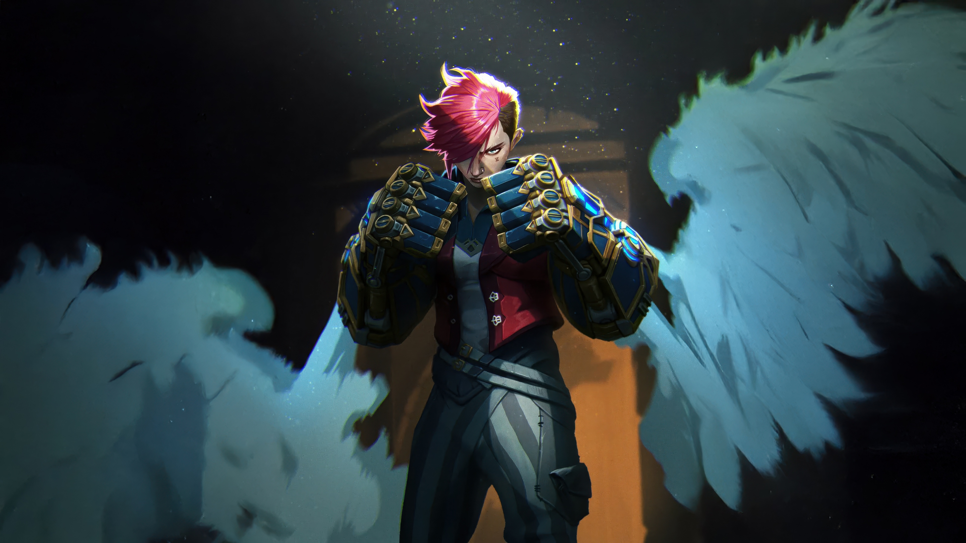 A high-resolution cinematic portrait of Vi from Arcane: League of Legends
