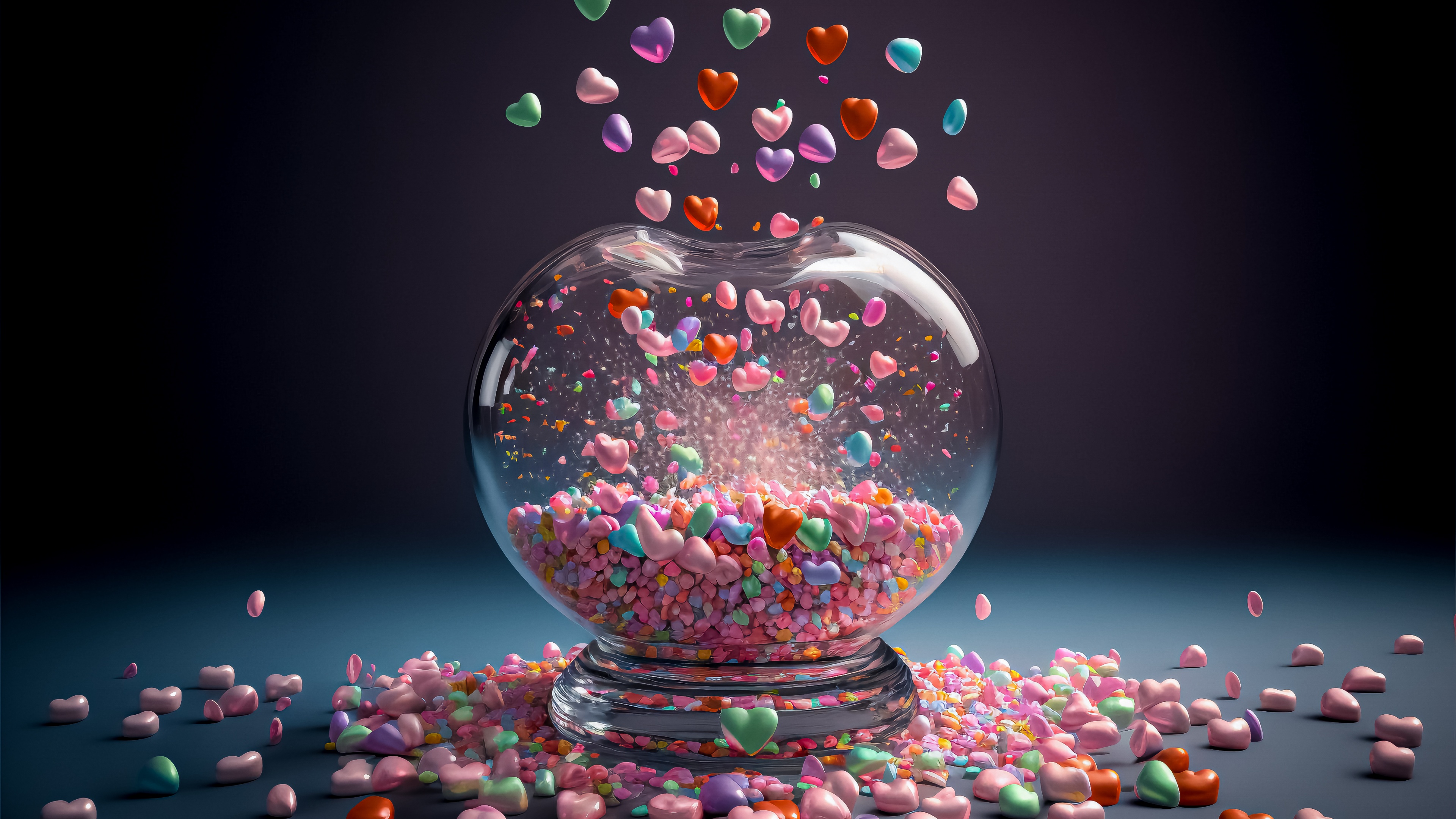 A colorful pattern of various sized pastel hearts on a soft, aesthetic background.