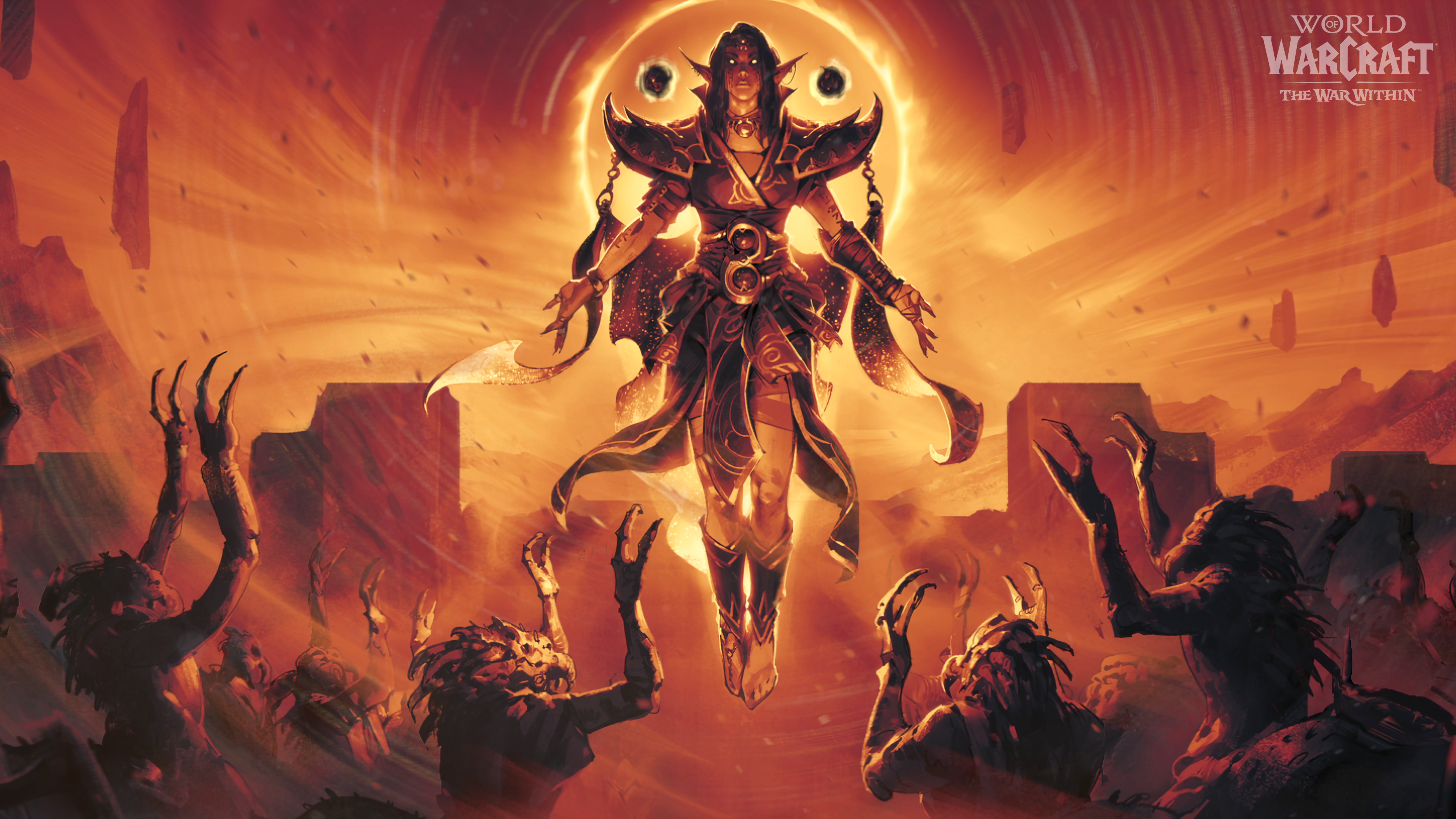 A dark-armored warrior surrounded by purple void energy, representing World of Warcraft: The War Within.