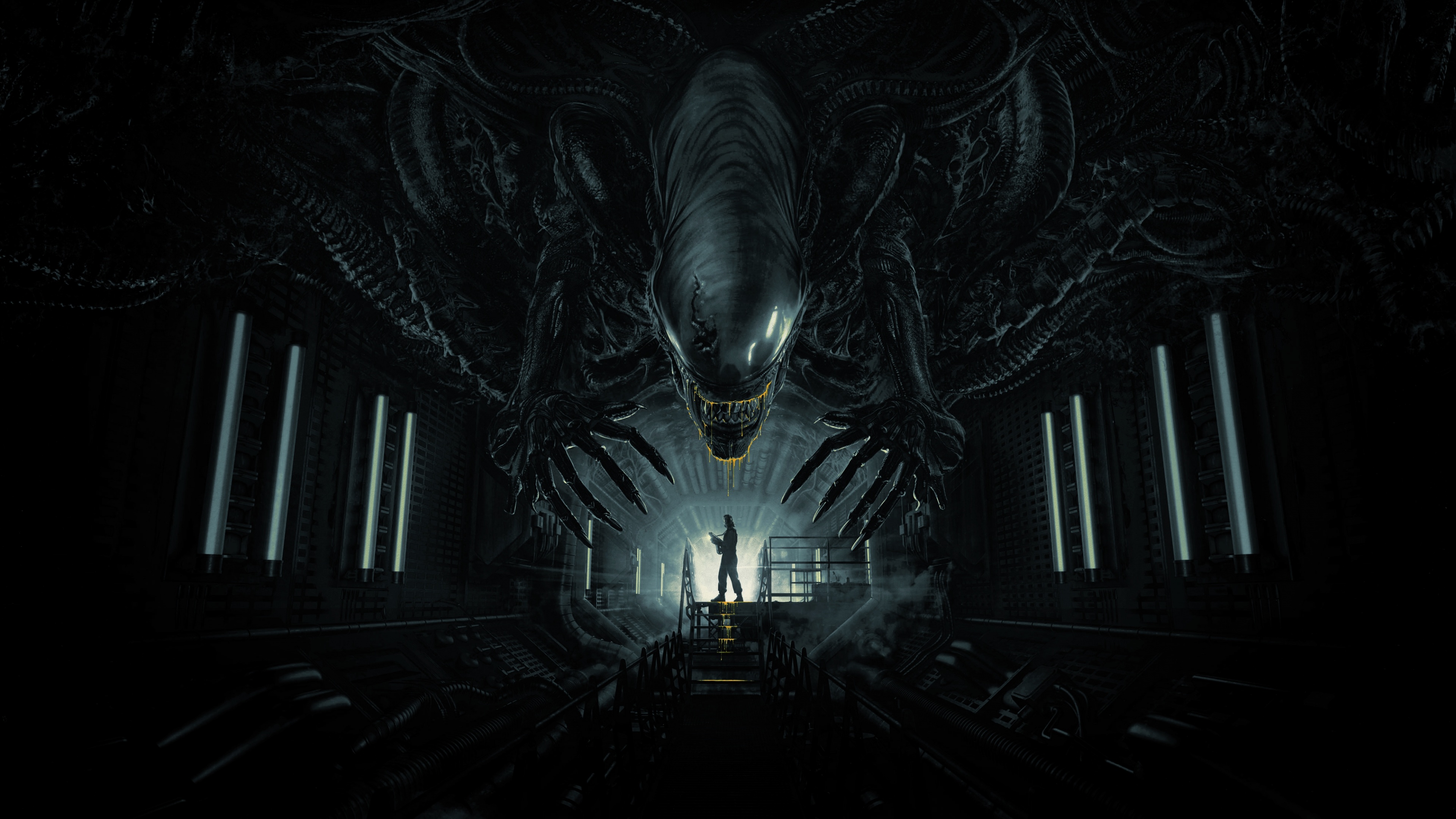 A cinematic close-up of the Xenomorph from Alien: Romulus in a dark, moody setting.