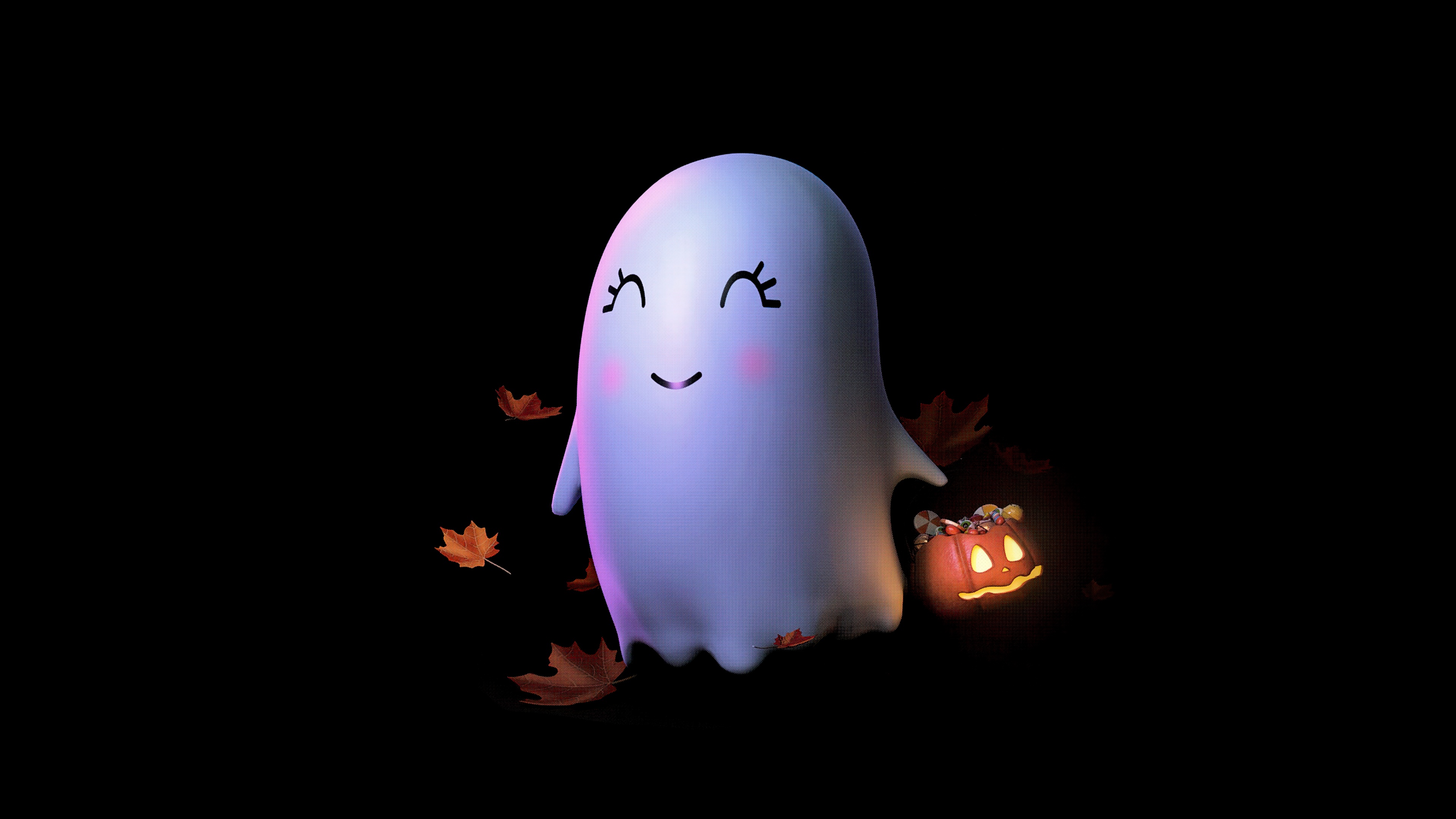 A cute, small white ghost with large eyes floating in a dark, minimalist Halloween night scene.