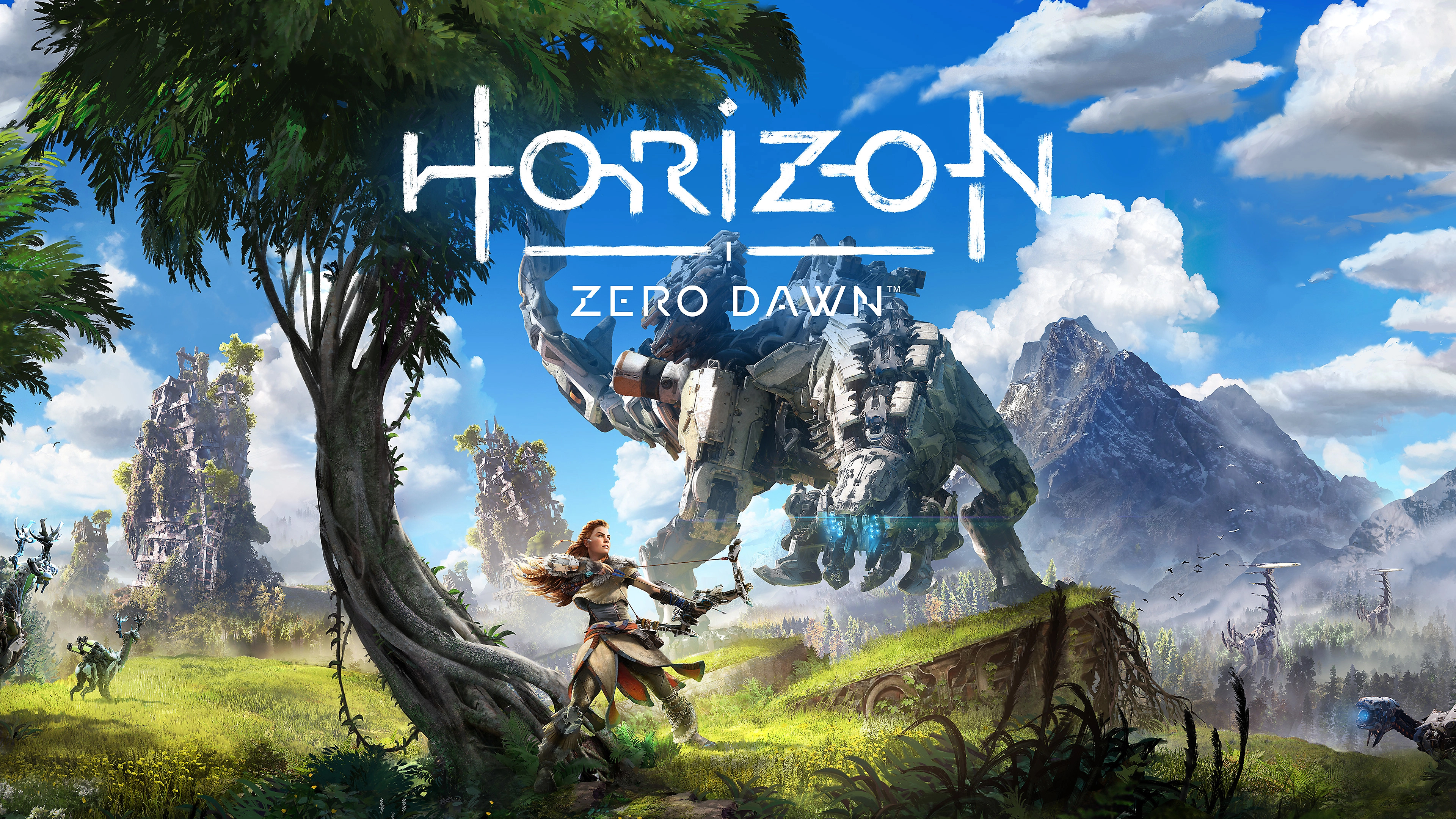 Aloy from Horizon Zero Dawn posing with her bow in a vast landscape filled with mechanical creatures.