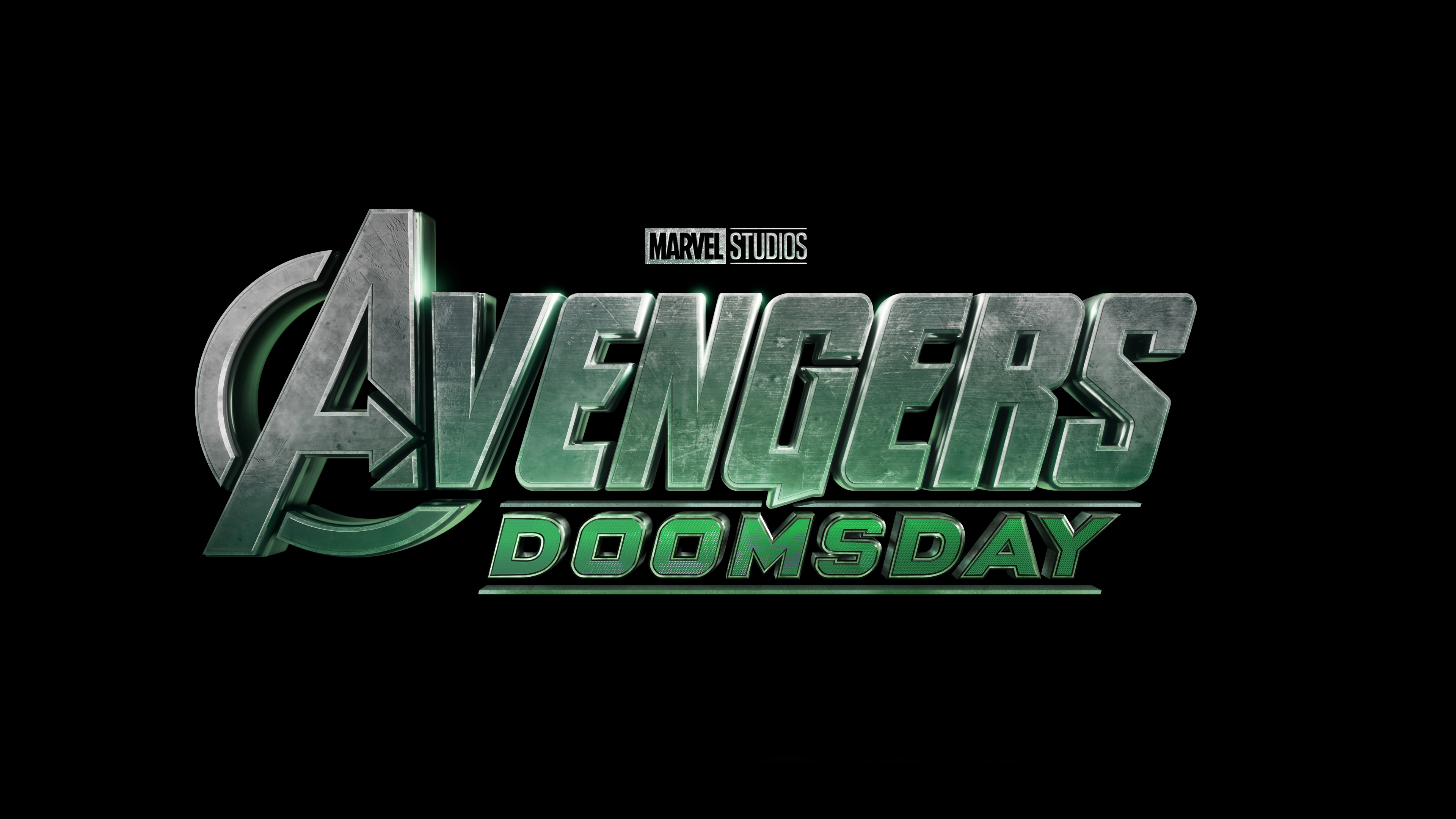 Cinematic logo for the Marvel movie Avengers: Doomsday featuring metallic lettering on a solid black background.