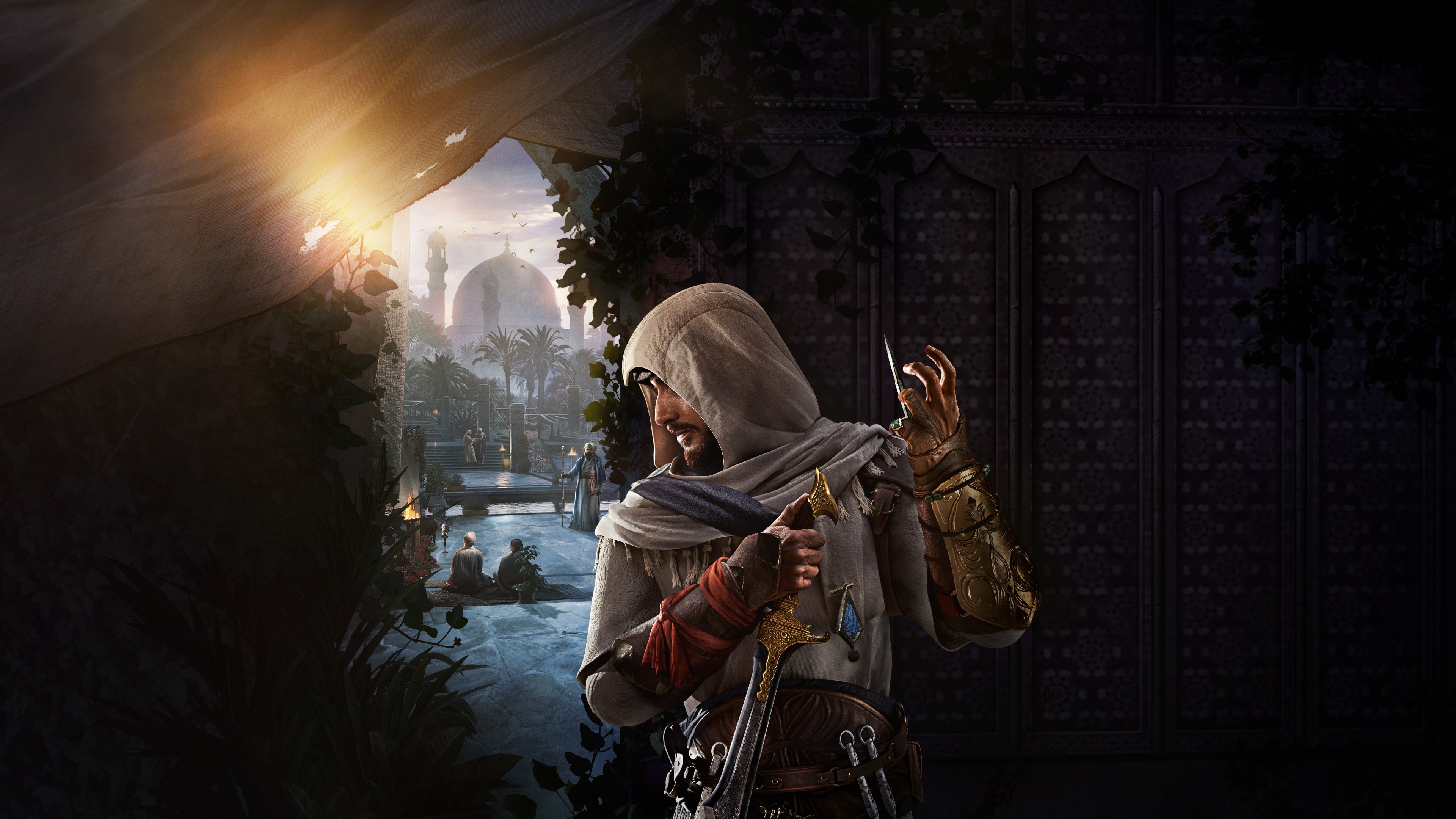 A cinematic portrait of Basim Ibn Ishaq from the game Assassin's Creed Mirage.