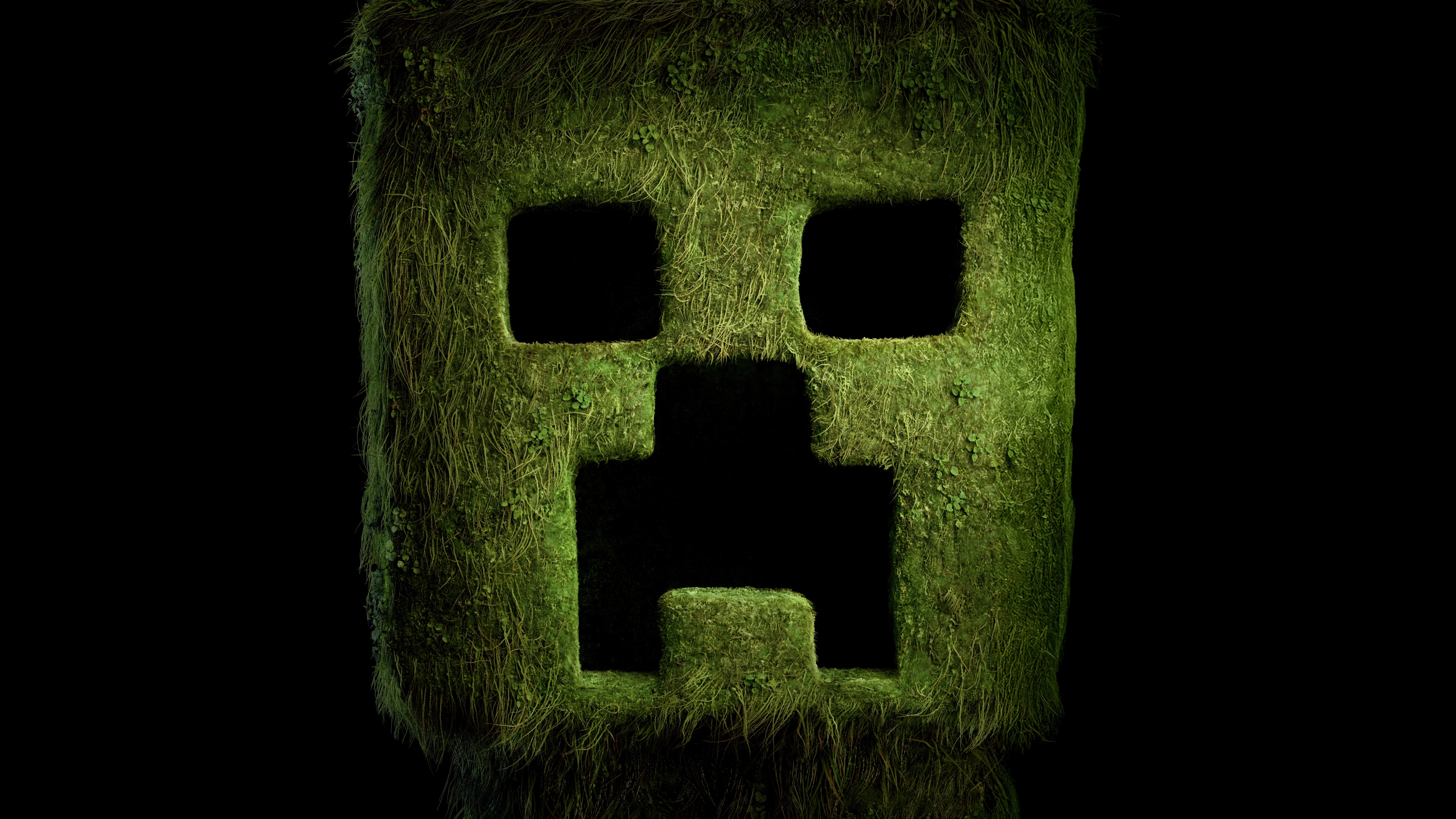 A cinematic 8K render of the Creeper character from A Minecraft Movie on a black background.