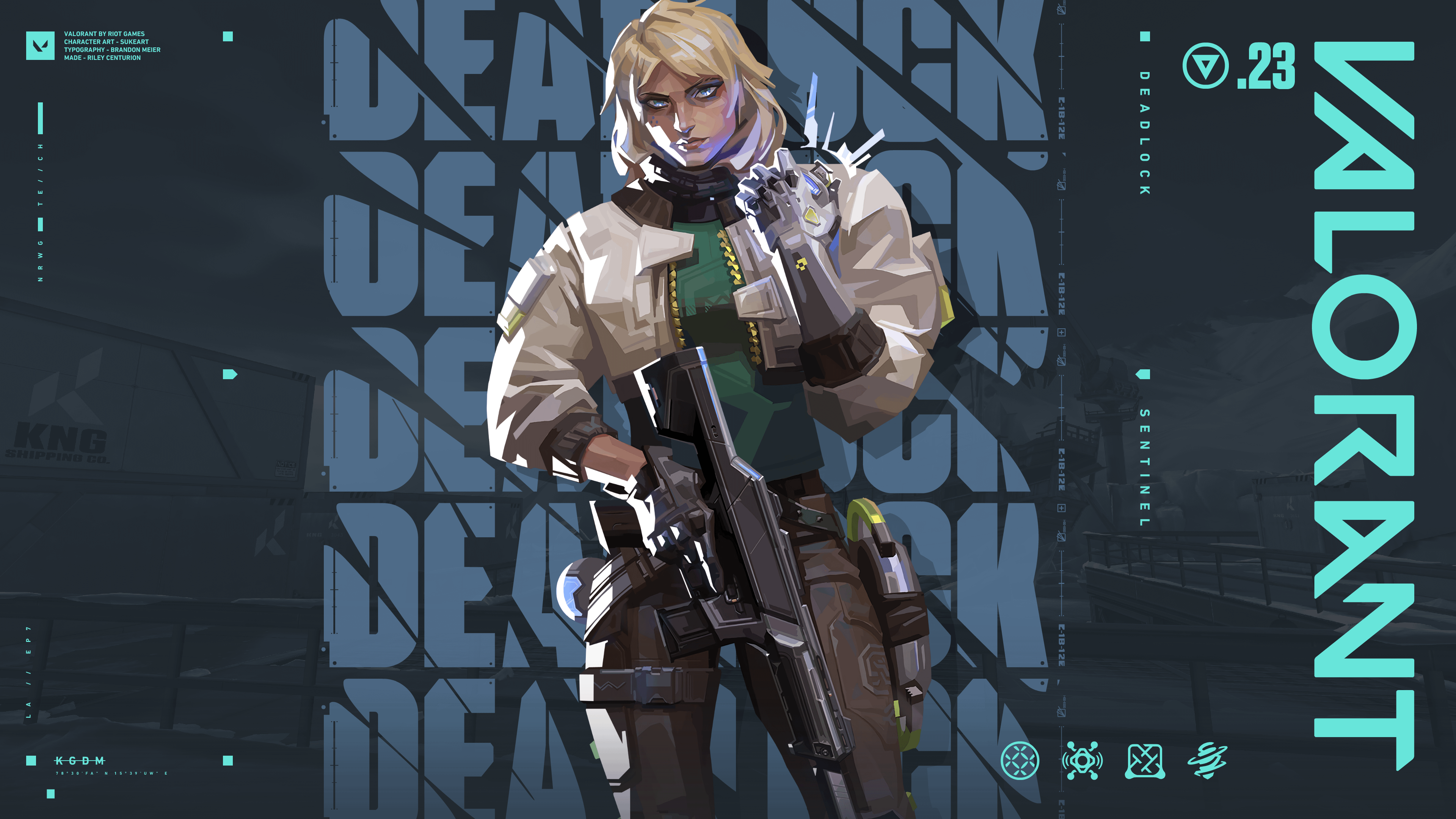 Deadlock, the Sentinel agent from the game Valorant, displaying her signature tactical armor and technology.