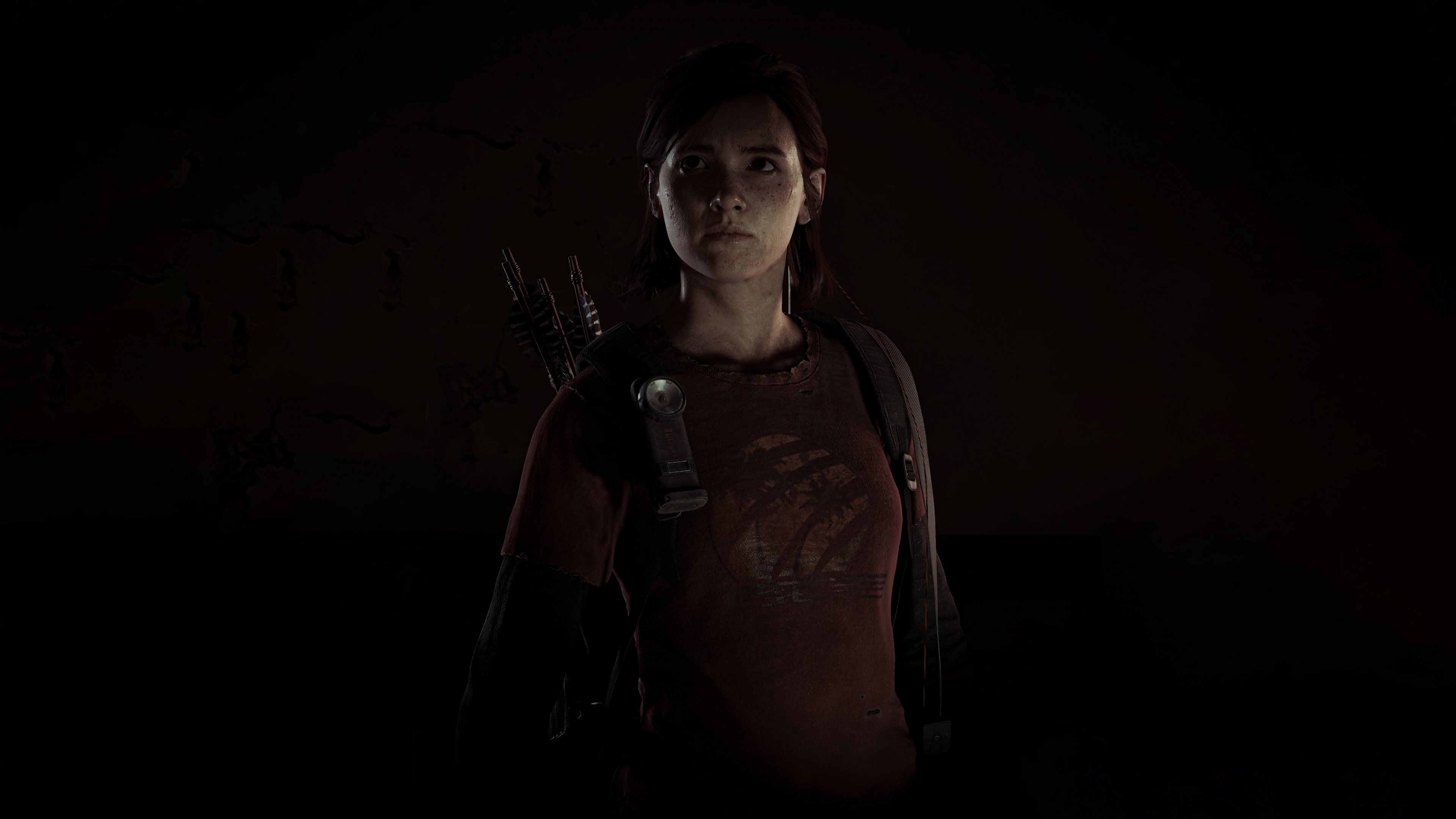A highly detailed, cinematic close-up portrait of Ellie Williams from The Last of Us Part II against a dark, moody background.