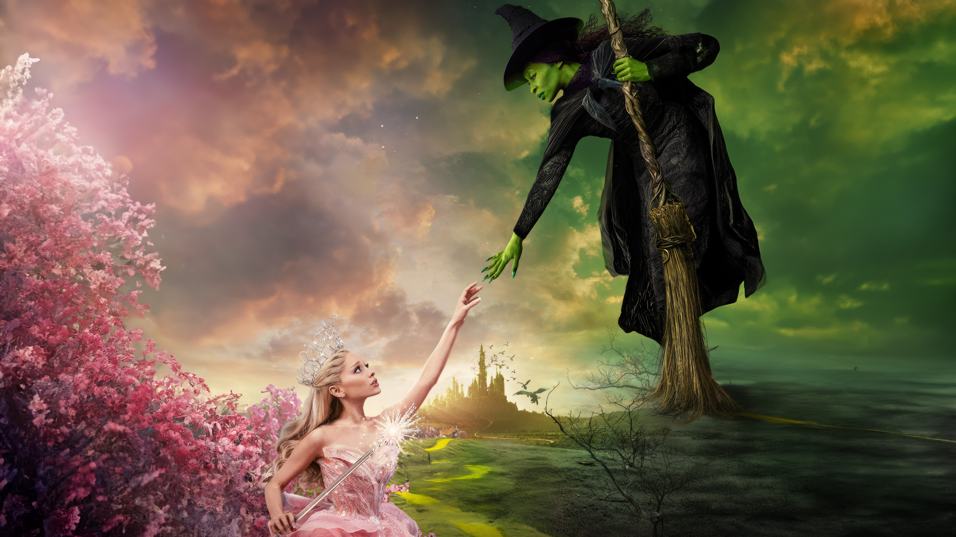 Cynthia Erivo as Elphaba Thropp and Ariana Grande as Glinda from the movie Wicked