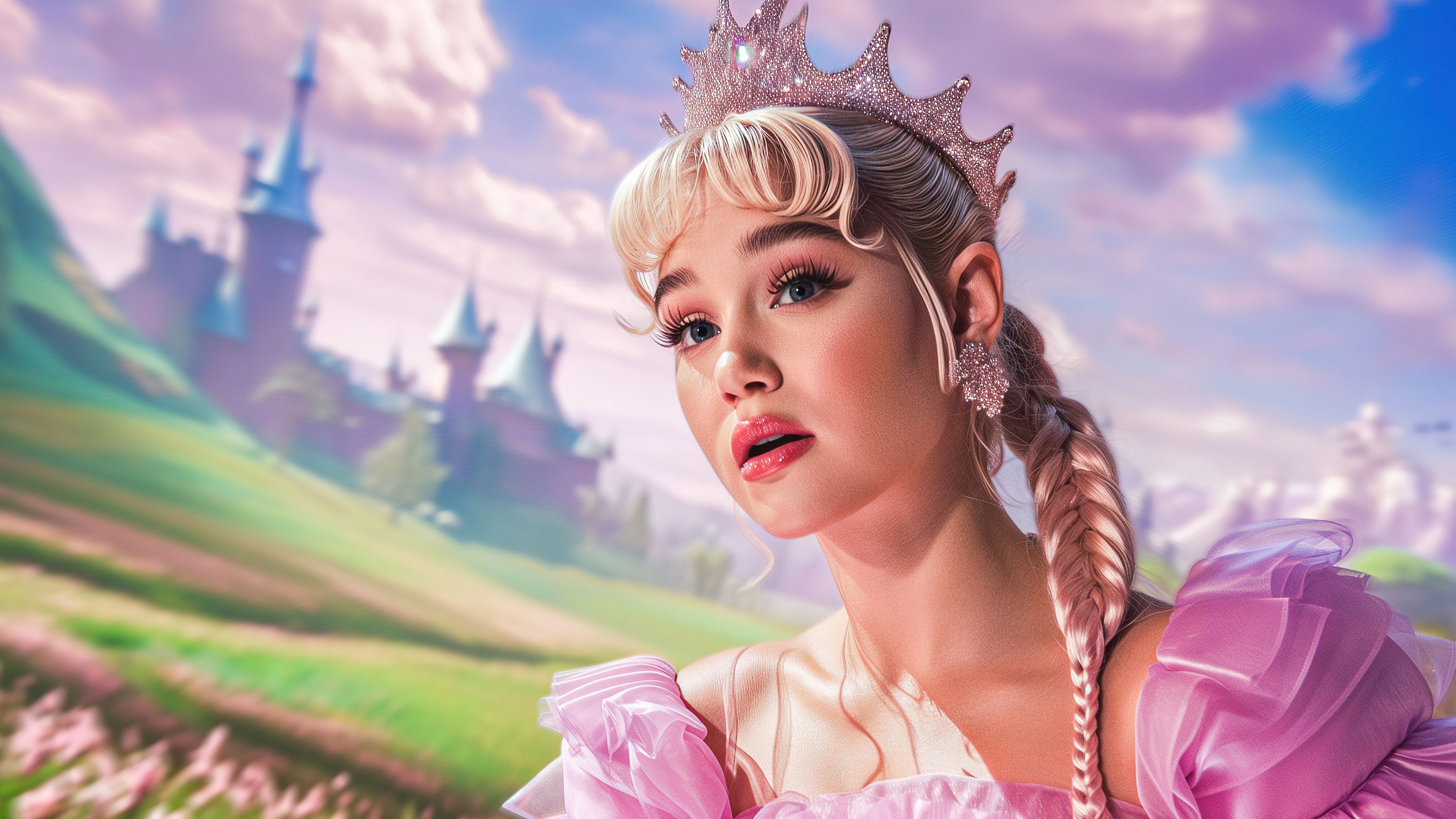 A high-resolution portrait of Ariana Grande as Glinda the Good Witch from the movie Wicked.