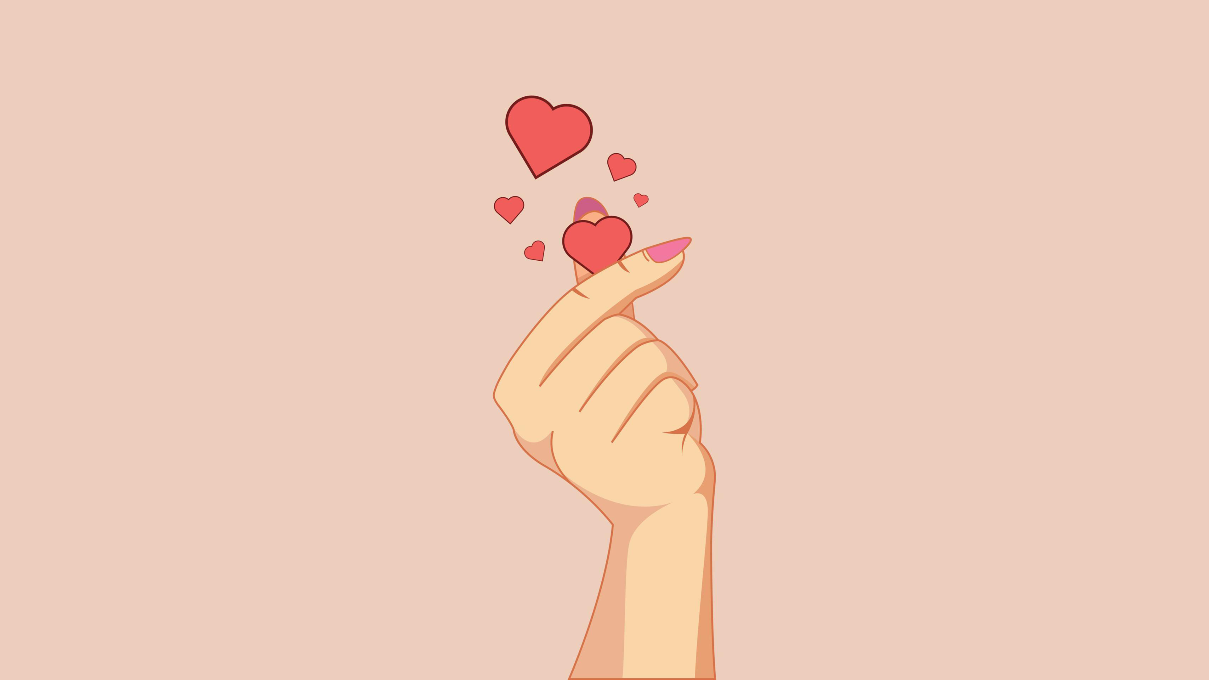 A South Korean-inspired person making a finger heart gesture against a desert sand background with floating red hearts.