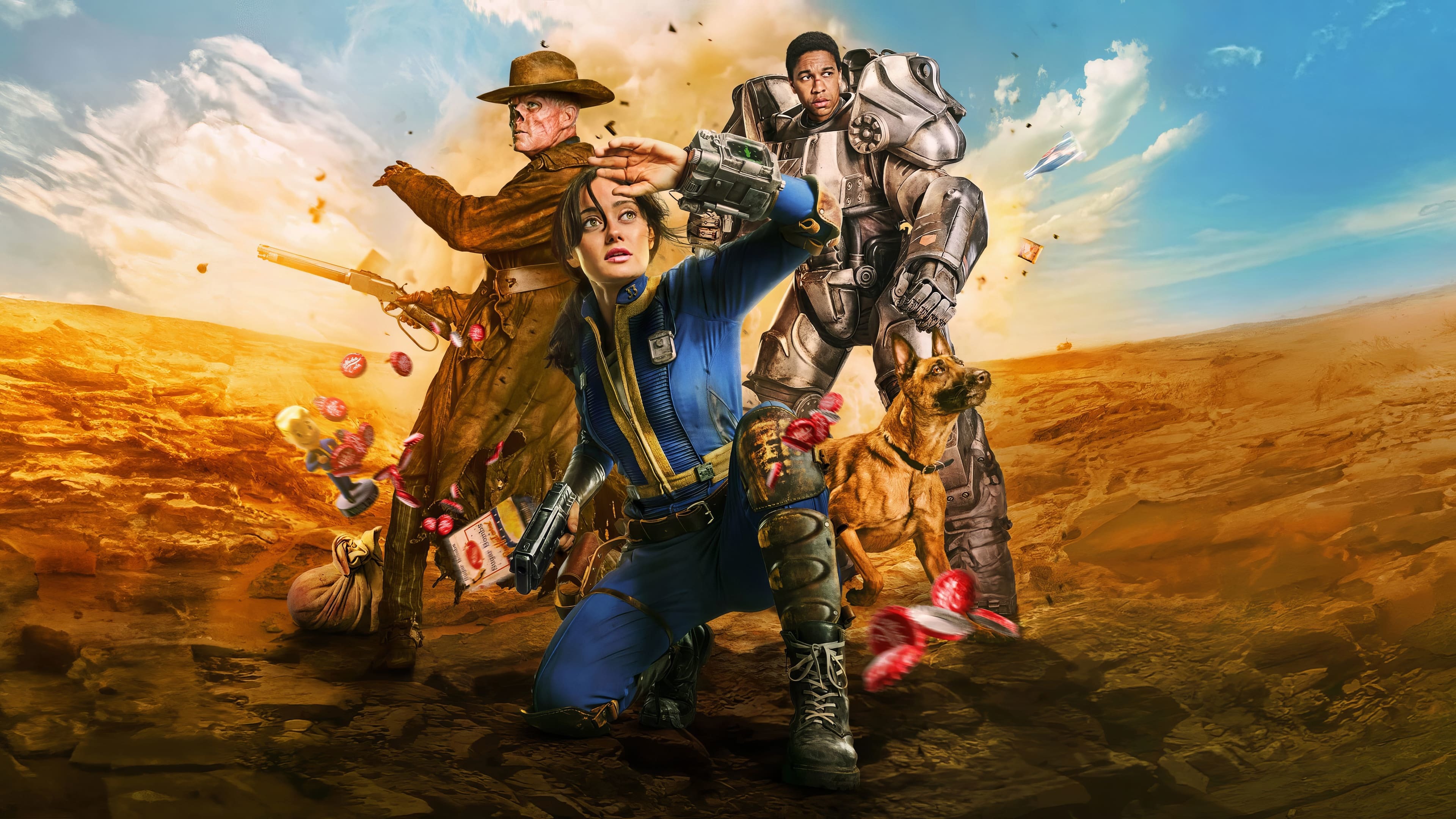 Promotional poster for the Fallout TV series featuring characters Lucy MacLean and Maximus in a post-apocalyptic wasteland.
