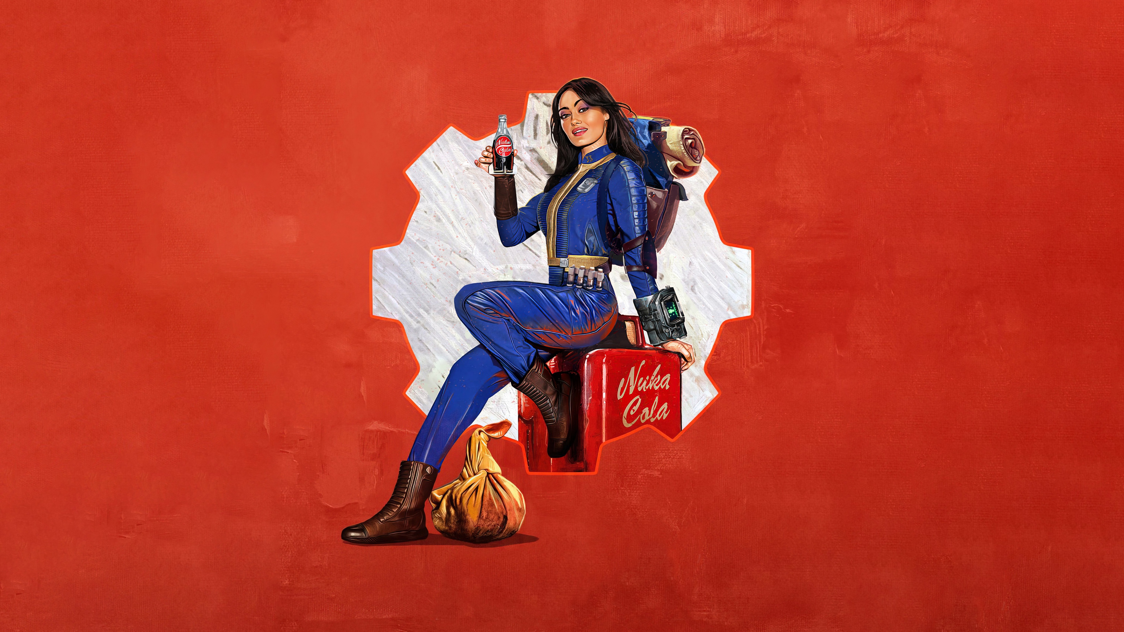 A high-detail portrait of Lucy MacLean, played by Ella Purnell, from the Fallout series against a bright orange backdrop.