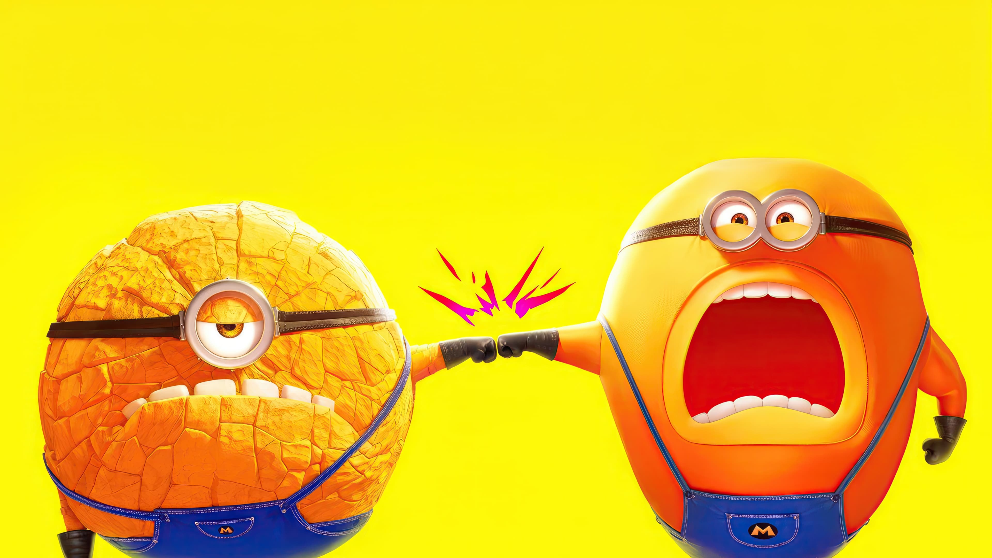 The adorable Minions from Despicable Me 4 posing against a bright, solid yellow background.