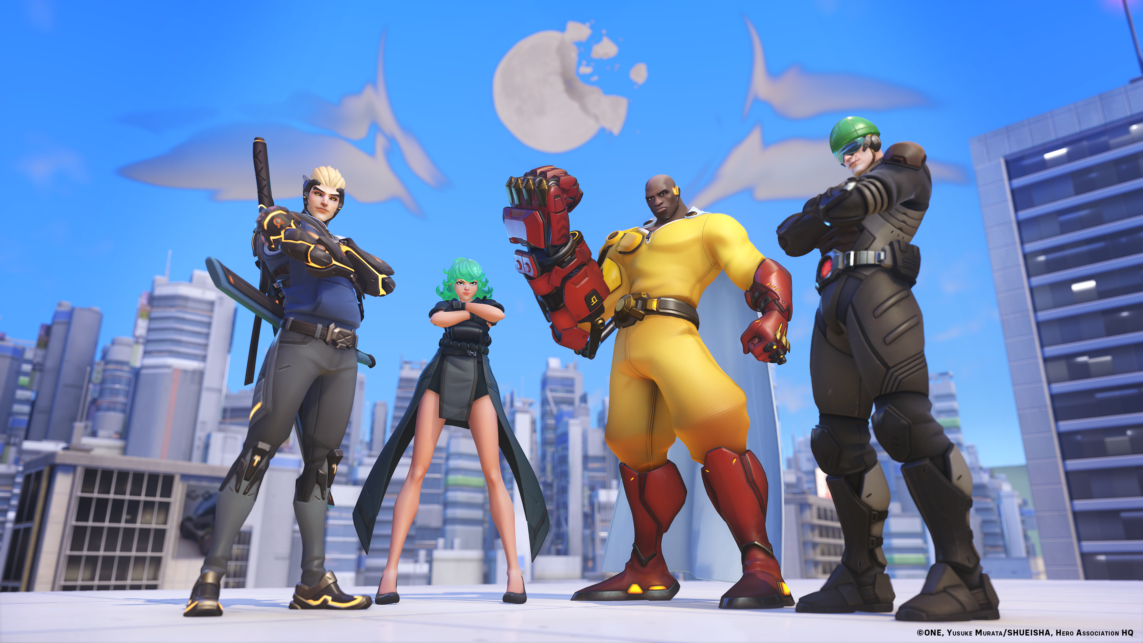 An Overwatch 2 character wearing a One Punch Man inspired skin featuring a yellow jumpsuit and red cape.