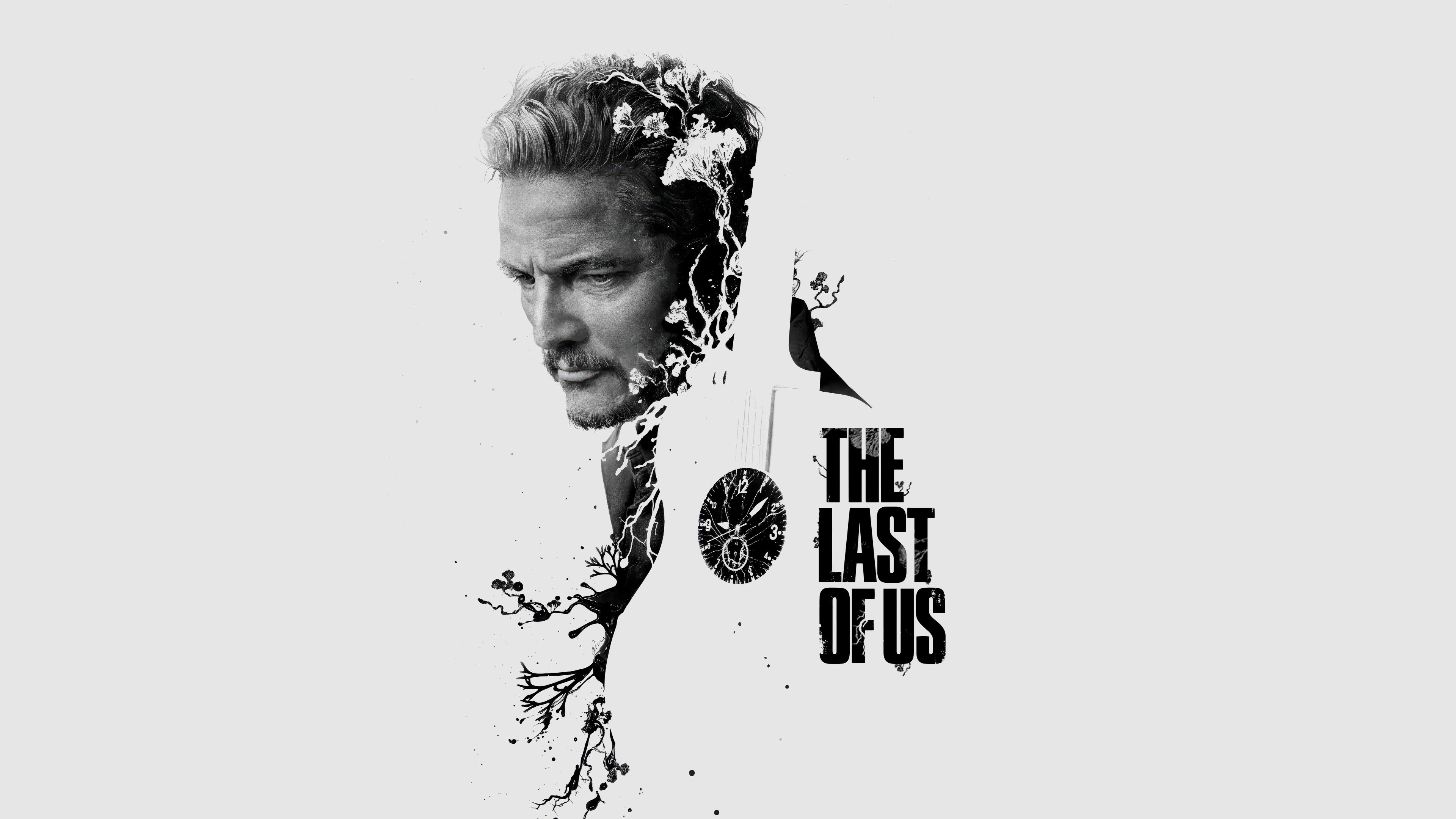 A monochrome, high-contrast portrait of Pedro Pascal as Joel Miller from The Last of Us against a white background.
