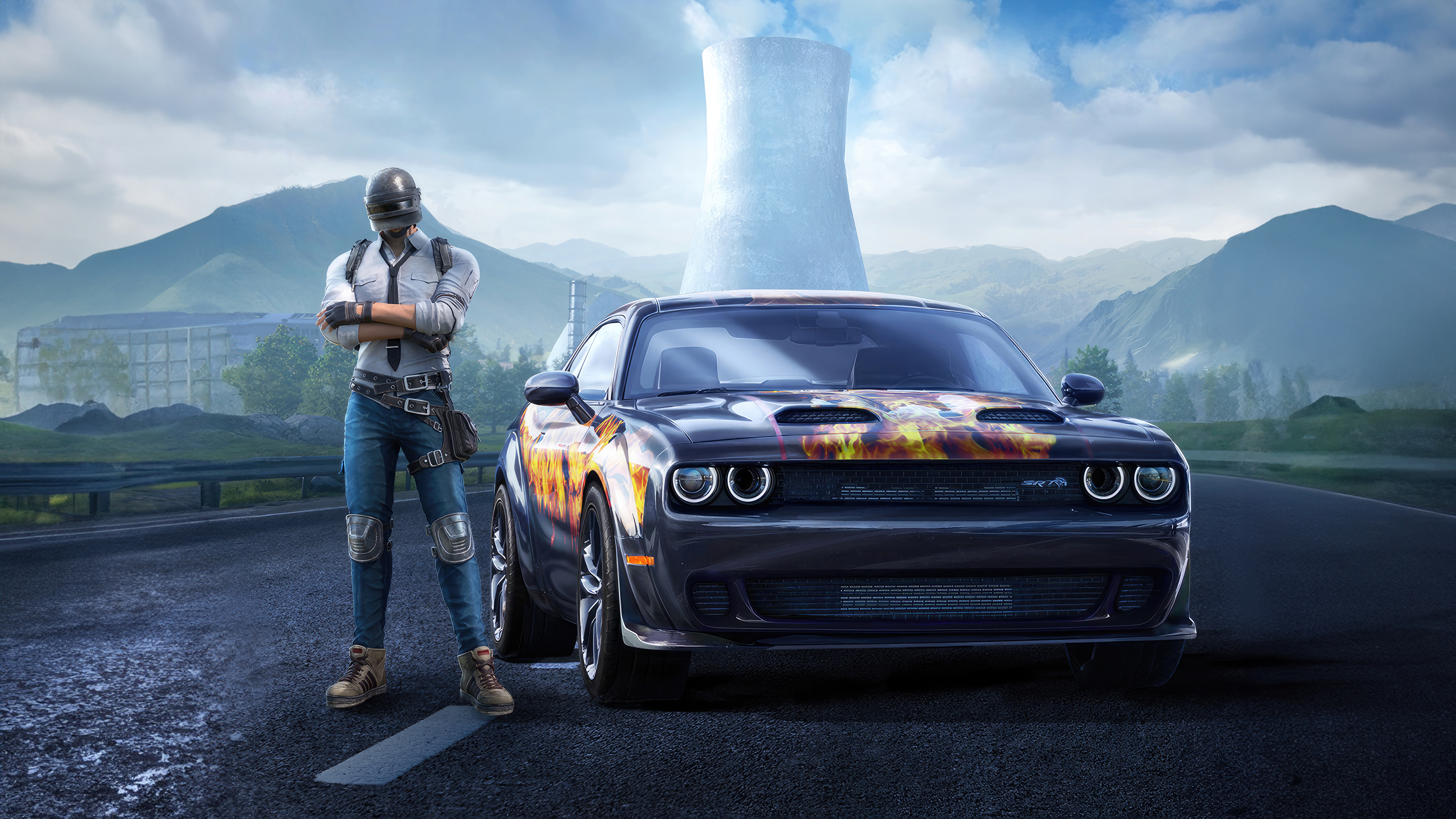 A Dodge Challenger SRT Hellcat muscle car alongside a tactical soldier in the PUBG MOBILE battleground.