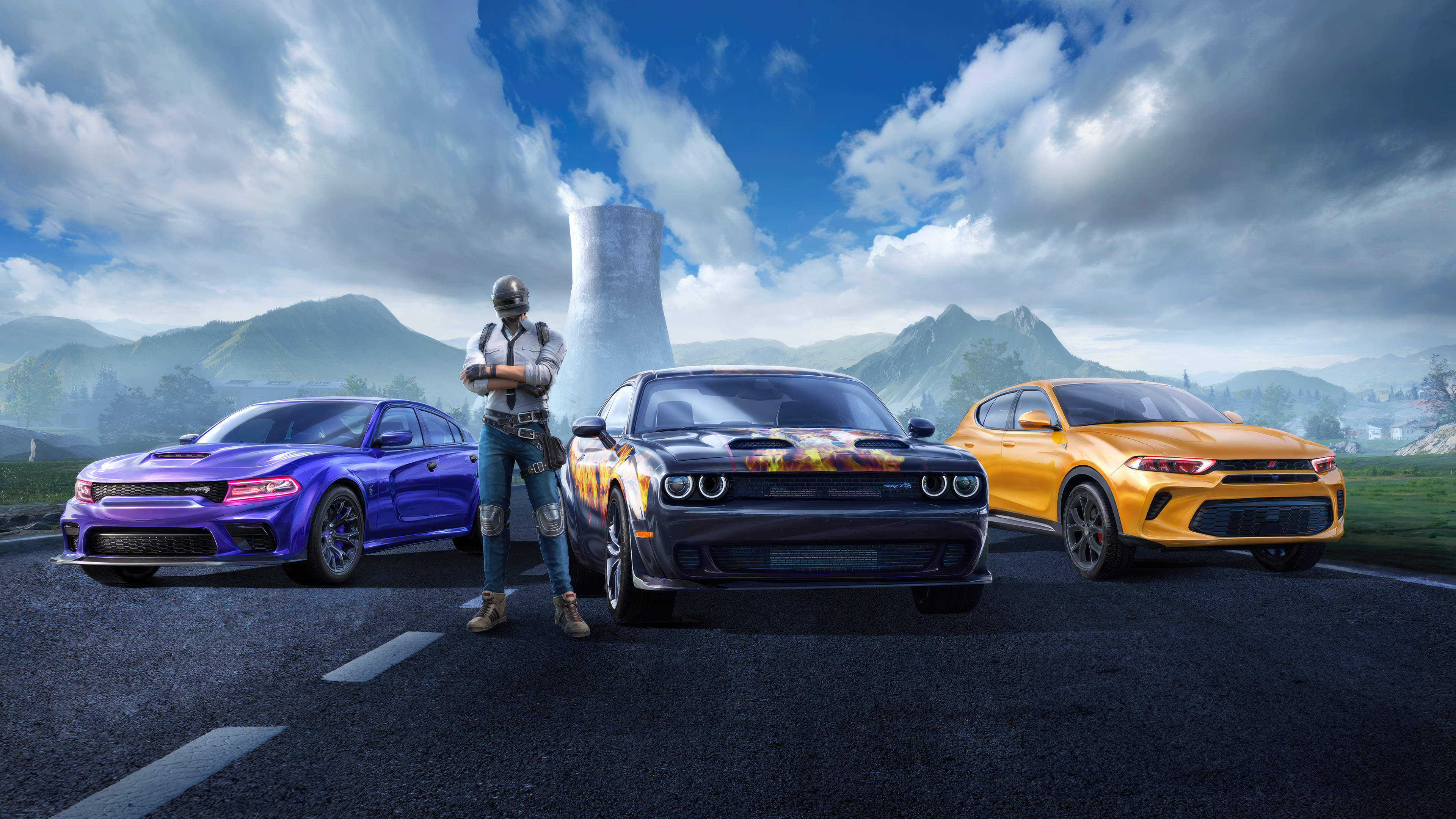 A tactical PUBG MOBILE survivor standing beside a rugged Dodge vehicle in a high-stakes battle royale combat zone.