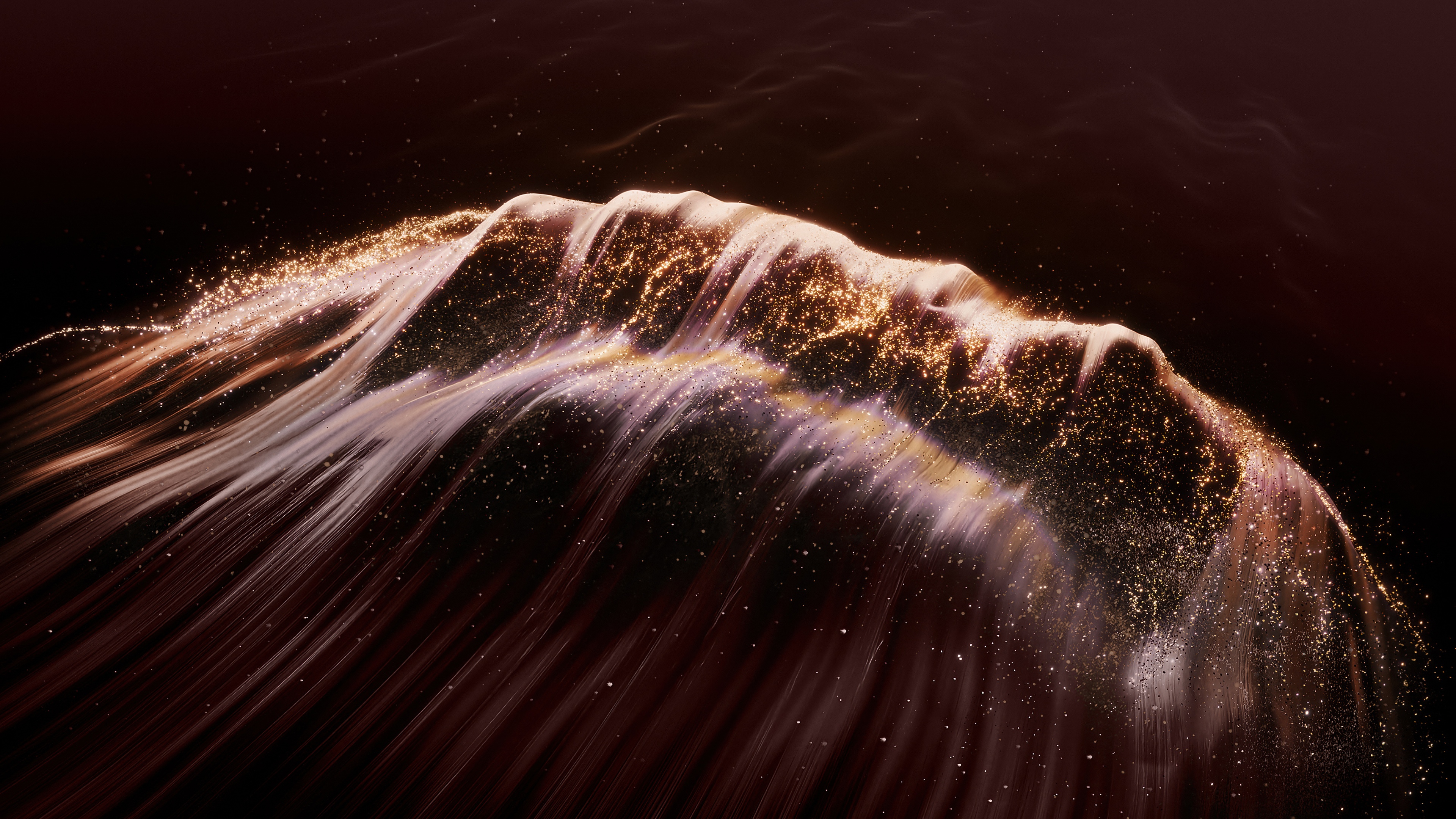 Abstract flowing waves of sparkling glitter against a dark, high-contrast background.