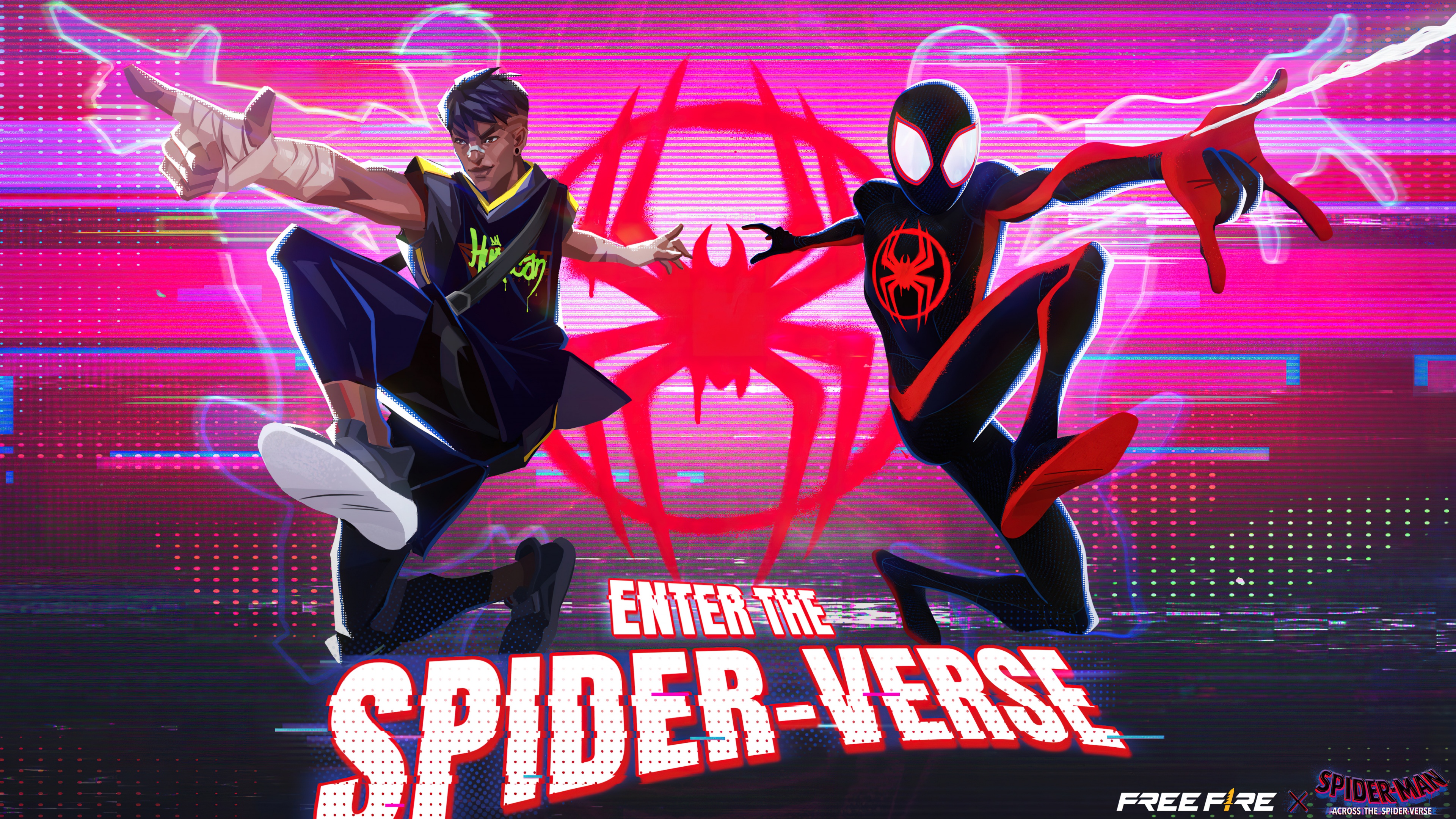 Spider-Man from Spider-Man: Across the Spider-Verse rendered in the combat style of Garena Free Fire.