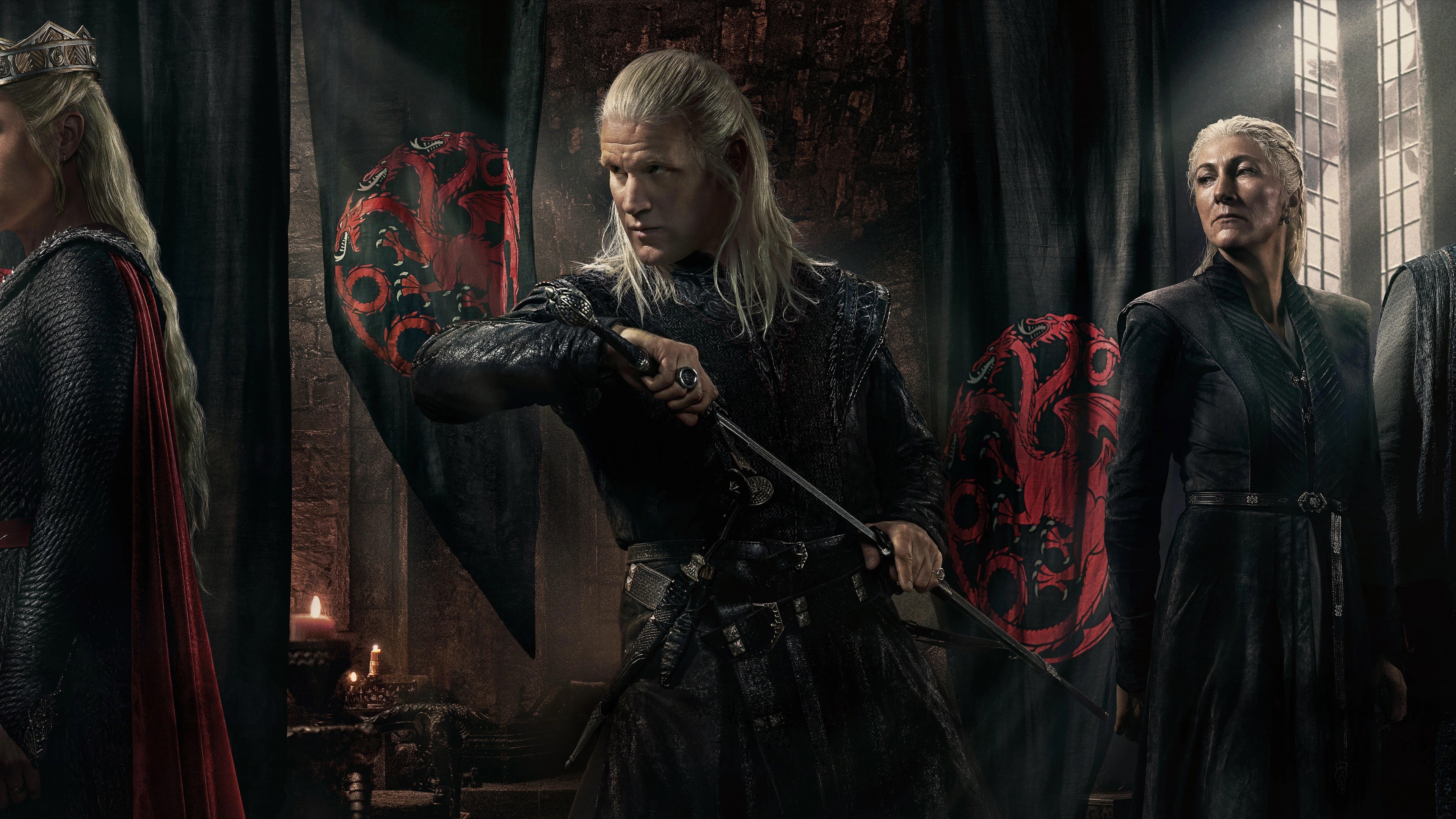 Ultrawide cinematic portrait of Rhaenyra Targaryen from House of the Dragon and Daenerys Targaryen from Game of Thrones with the House Targaryen sigil.