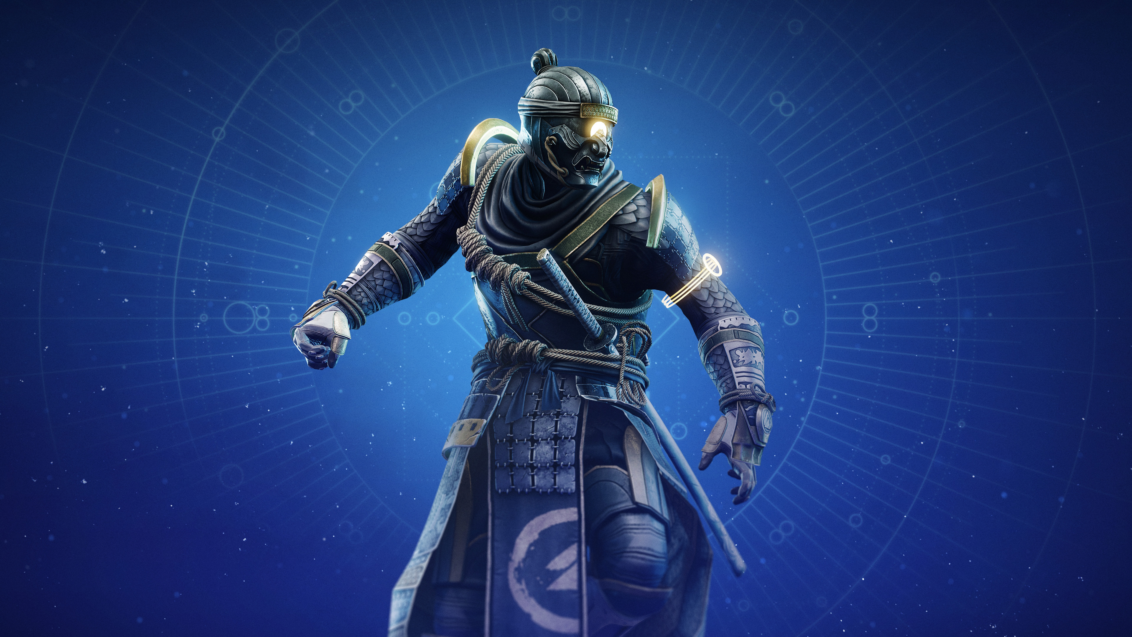 A cinematic depiction of heavy battle armor merging the samurai traditions of Ghost of Tsushima with the futuristic sci-fi elements of Destiny 2.