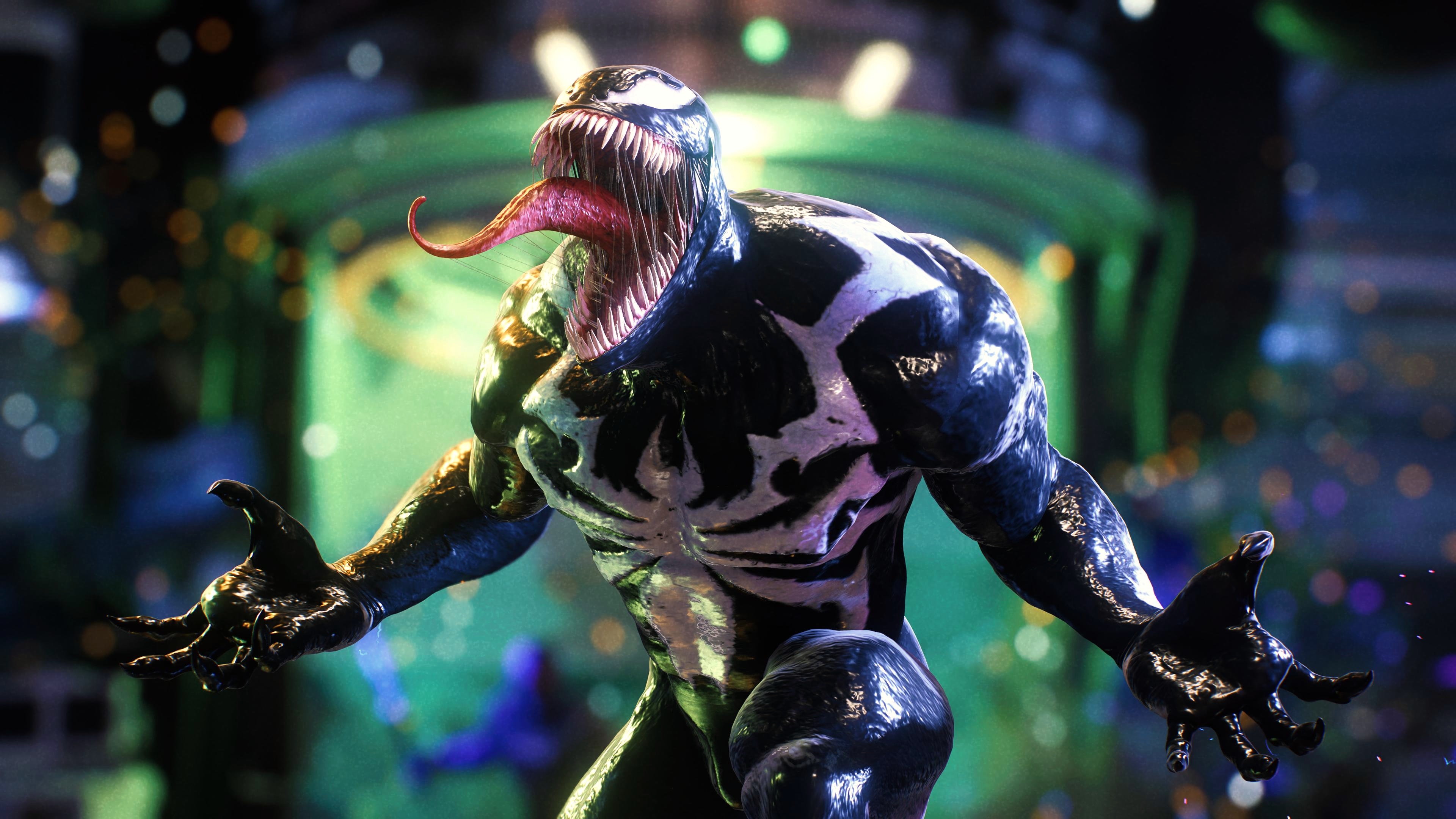 A detailed gameplay screenshot of the character Venom from Marvel's Spider-Man 2, highlighting the dark texture of the symbiote.