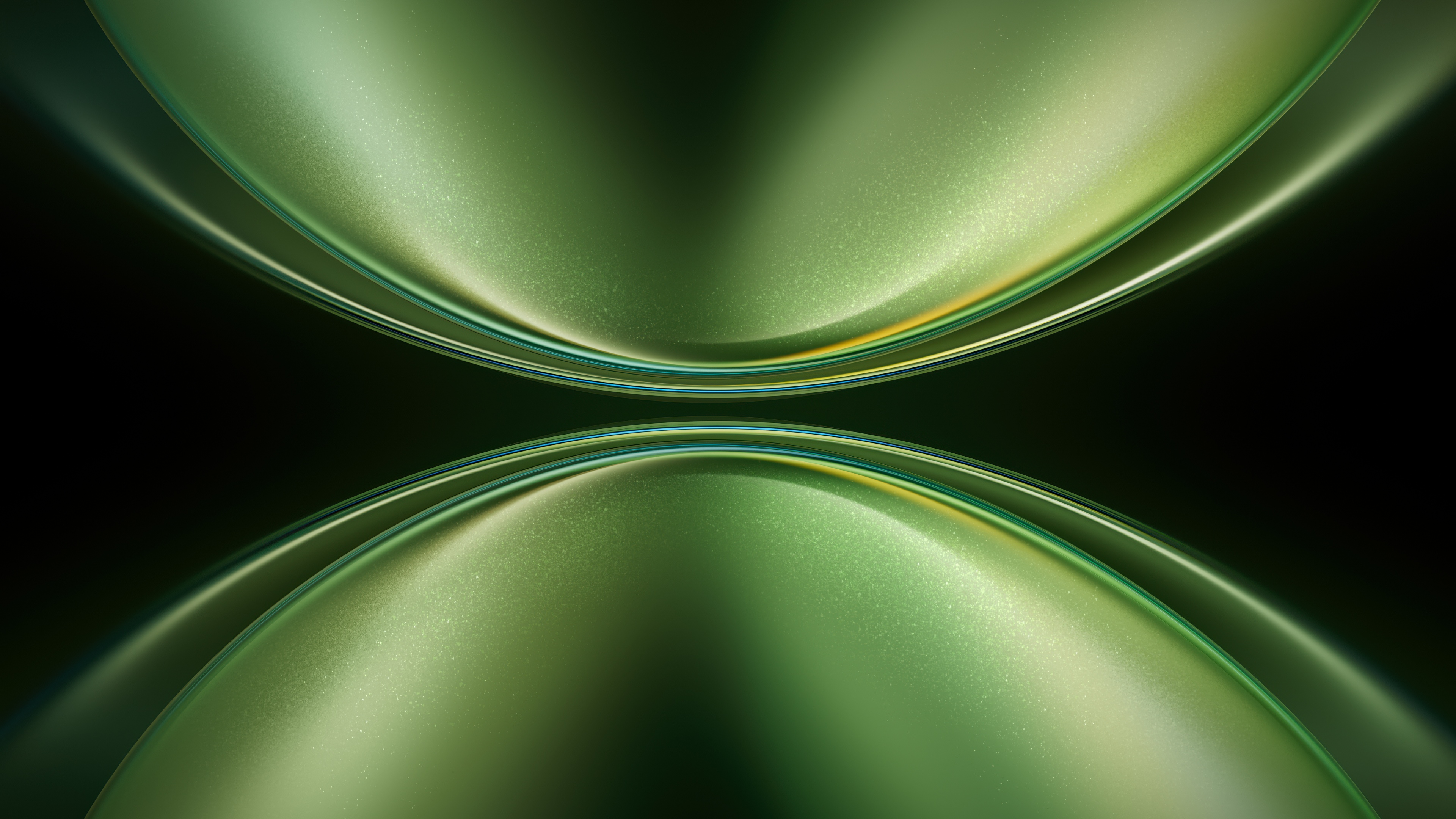 A modern and symmetrical design featuring flowing green abstract curves and sleek technological elements.