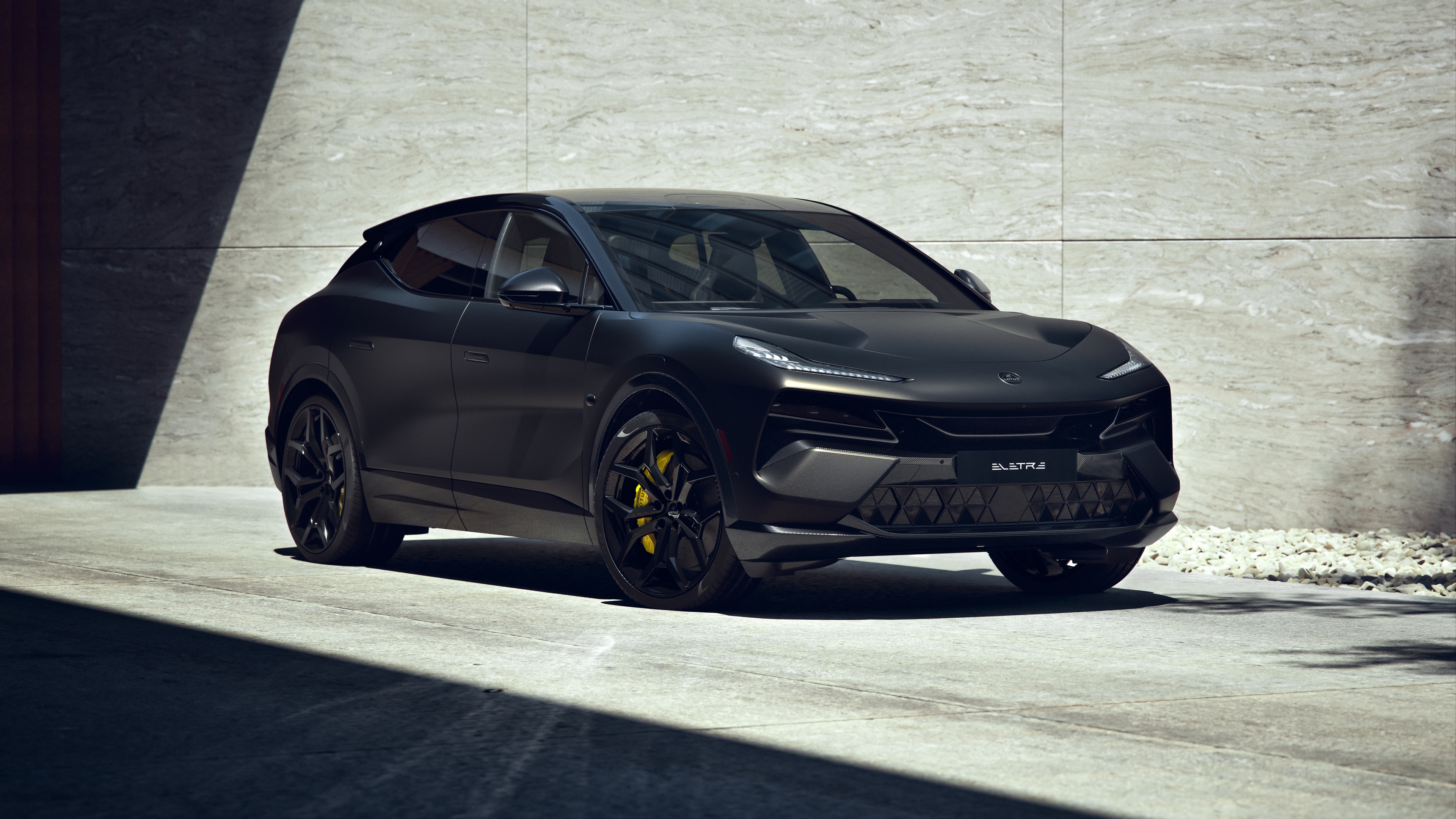 A futuristic 2024 electric hyper SUV with sleek aerodynamic lines and advanced lighting technology.