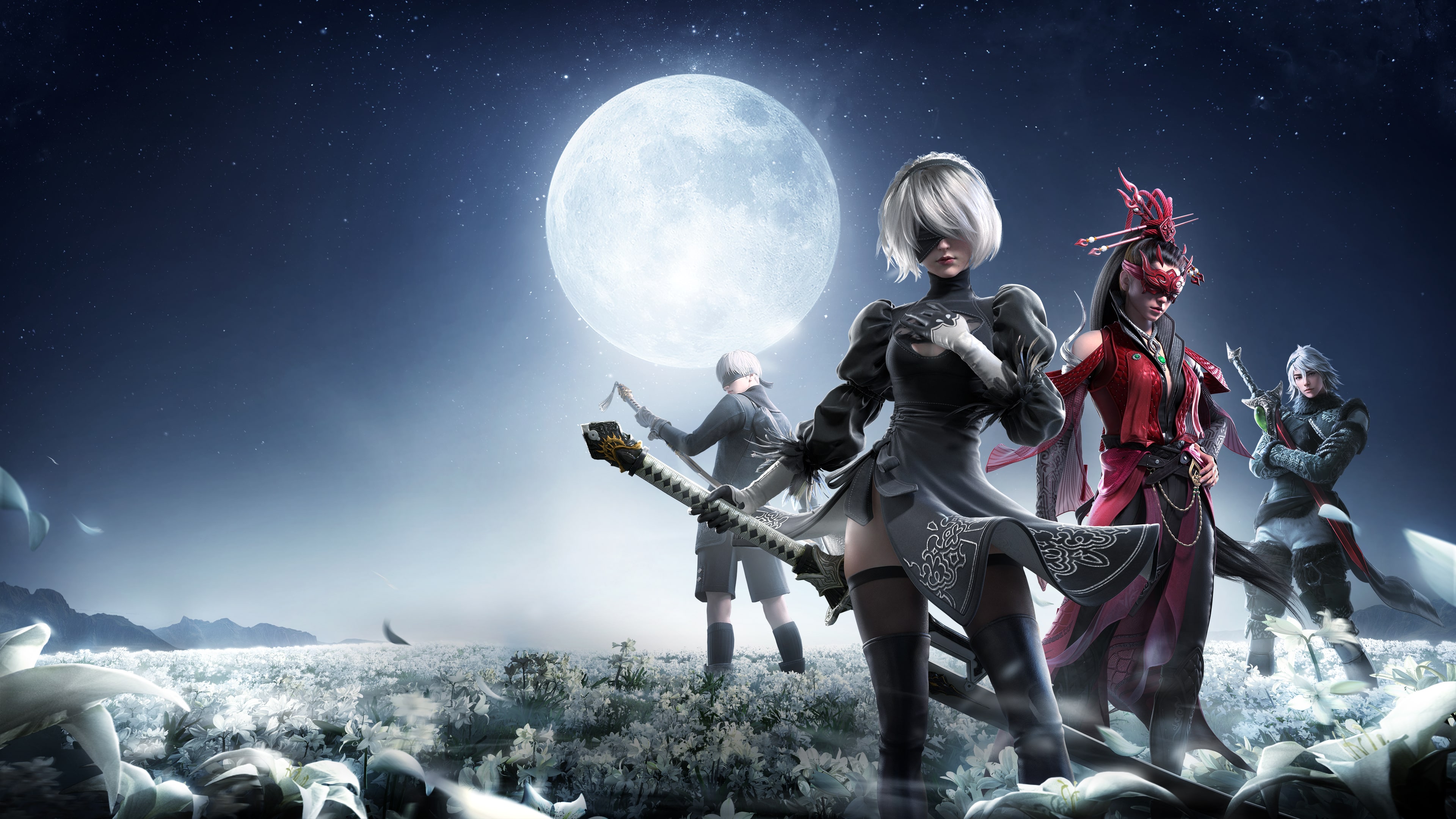 2B from NieR:Automata in a combat pose, featuring her signature black dress and white hair, styled with the aesthetic of Naraka: Bladepoint.
