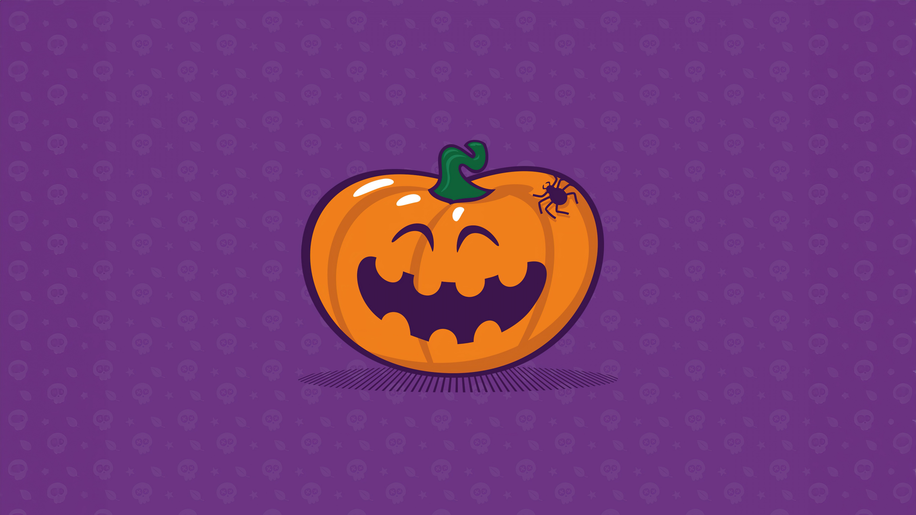 A cute, smiling Halloween pumpkin character centered on a solid purple background with a festive and spooky aesthetic.
