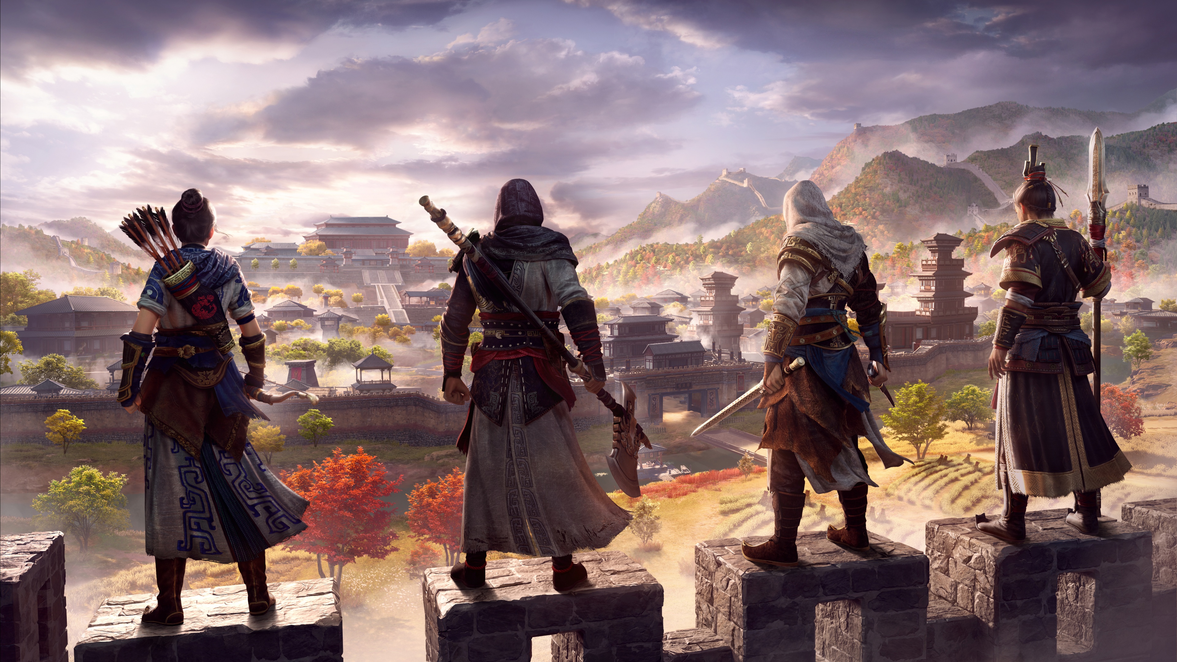 A cinematic shot of an assassin from Assassin's Creed Codename Jade standing amidst a vast, beautiful landscape of ancient China.