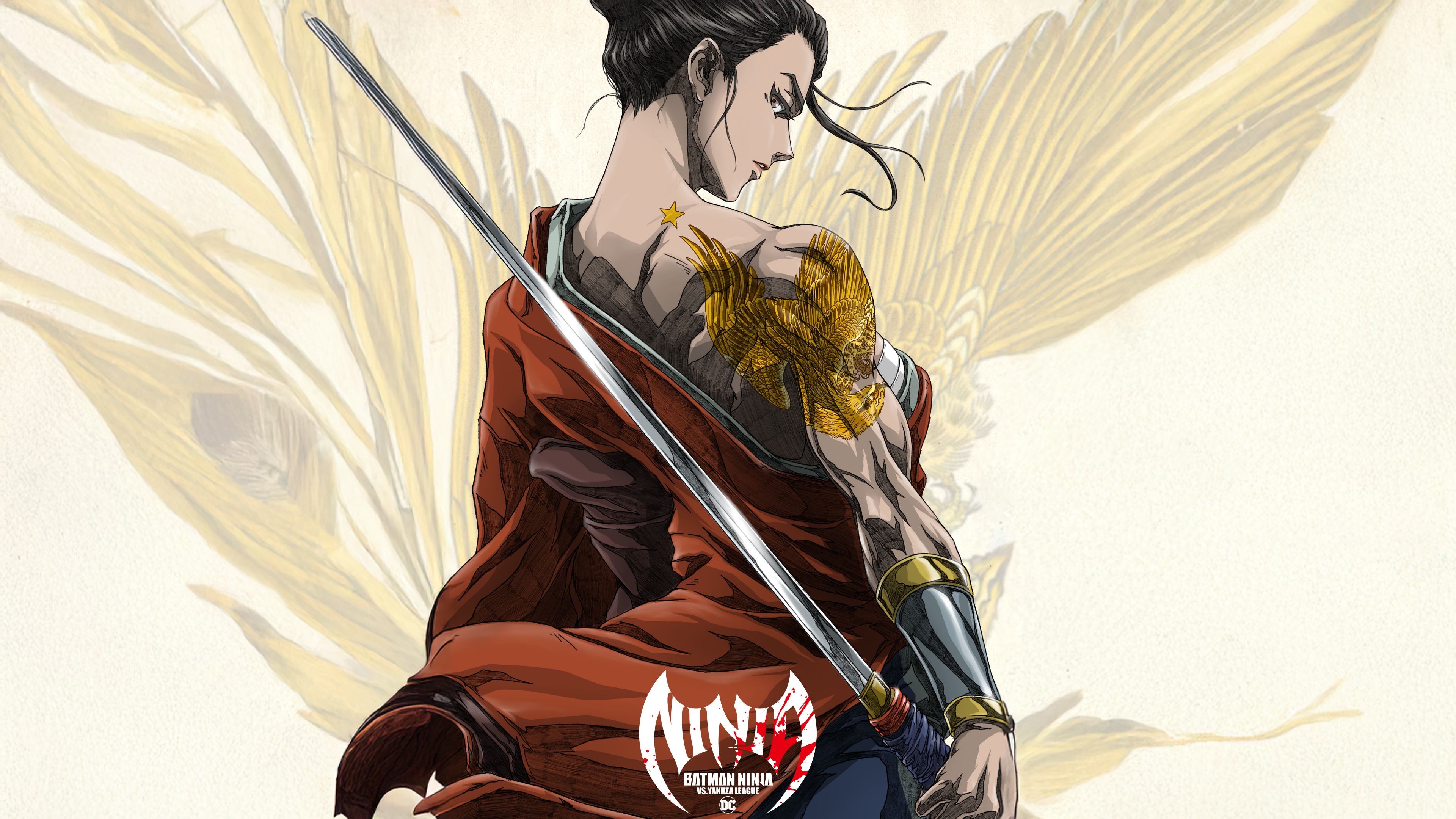 Batman Ninja and Wonder Woman facing off against the Yakuza League in a highly detailed anime movie style.