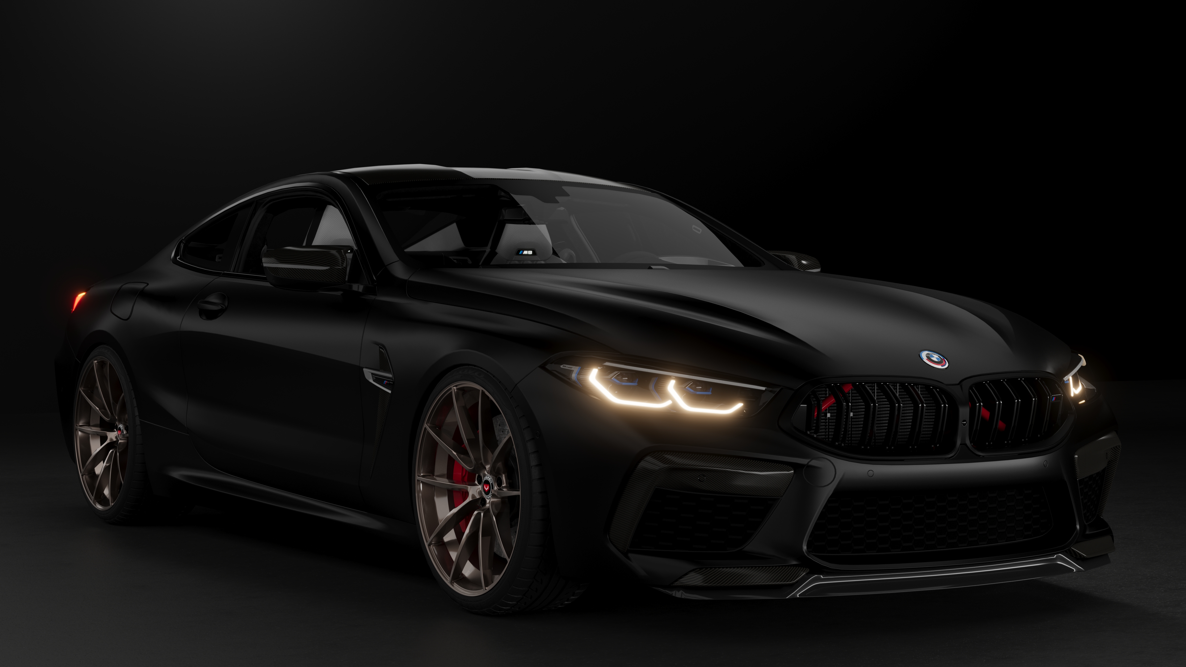 A cinematic, low-key shot of a BMW M8 Gran Coupe featuring a dark, moody aesthetic and aggressive automotive design.