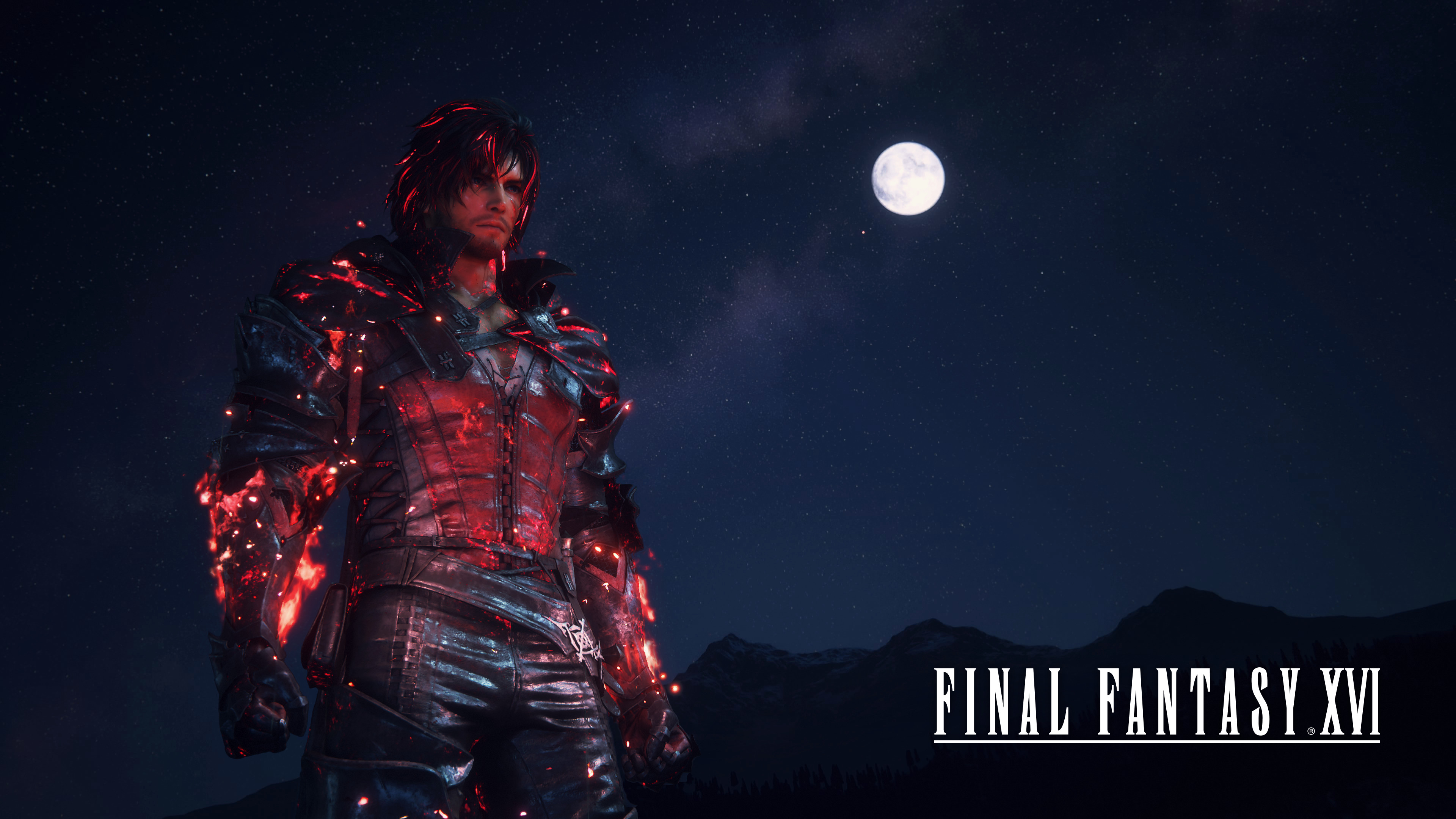 Clive Rosfield from Final Fantasy XVI standing beneath a large, luminous full moon during a gameplay sequence.