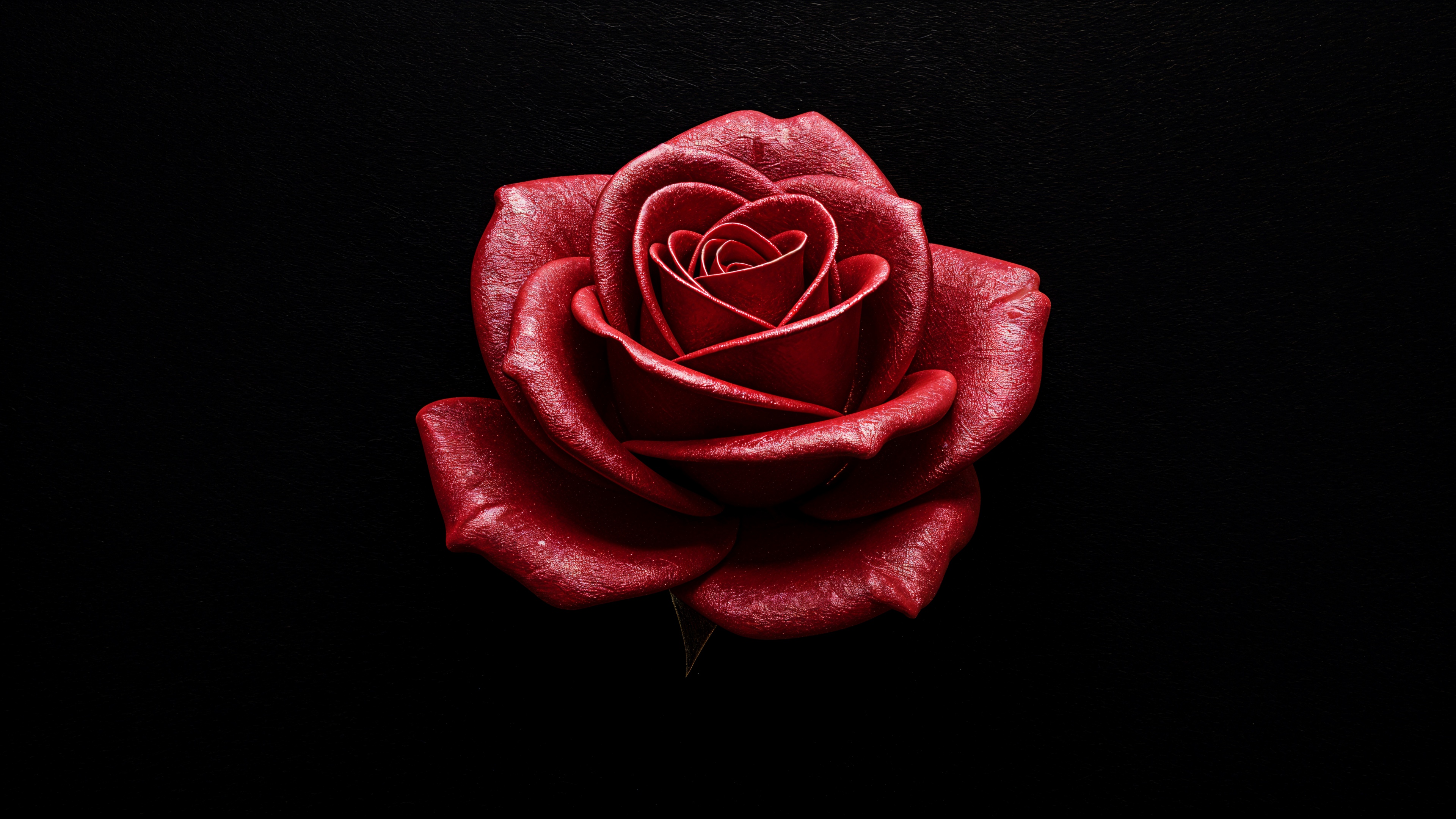 A high-contrast, symmetrical red rose blossom centered against a deep black background.