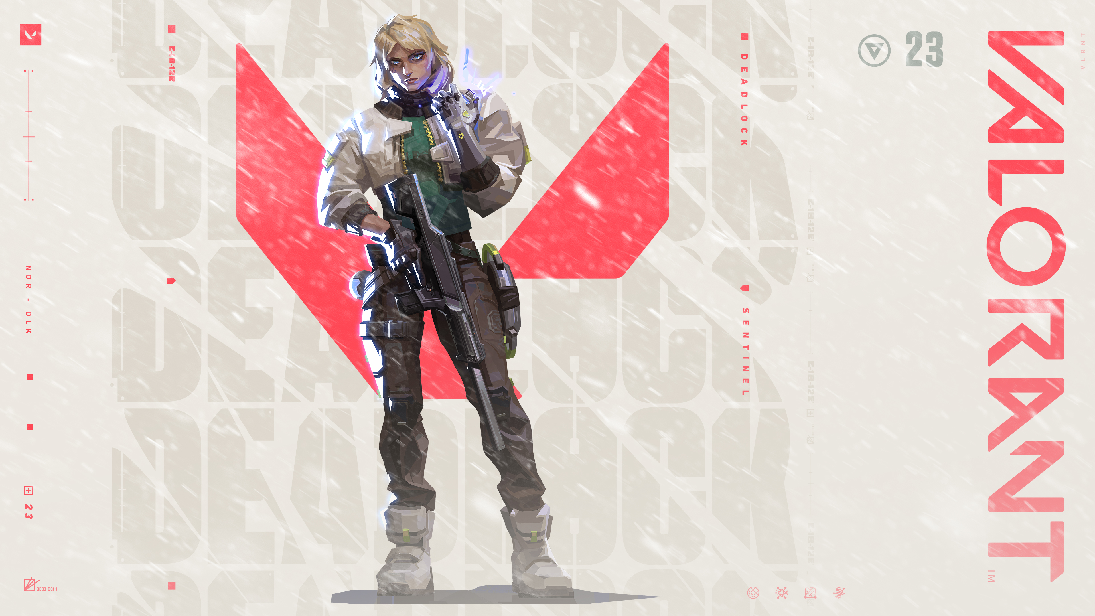 Deadlock, the Sentinel agent from Valorant, featuring her signature tactical armor and cybernetic arm.