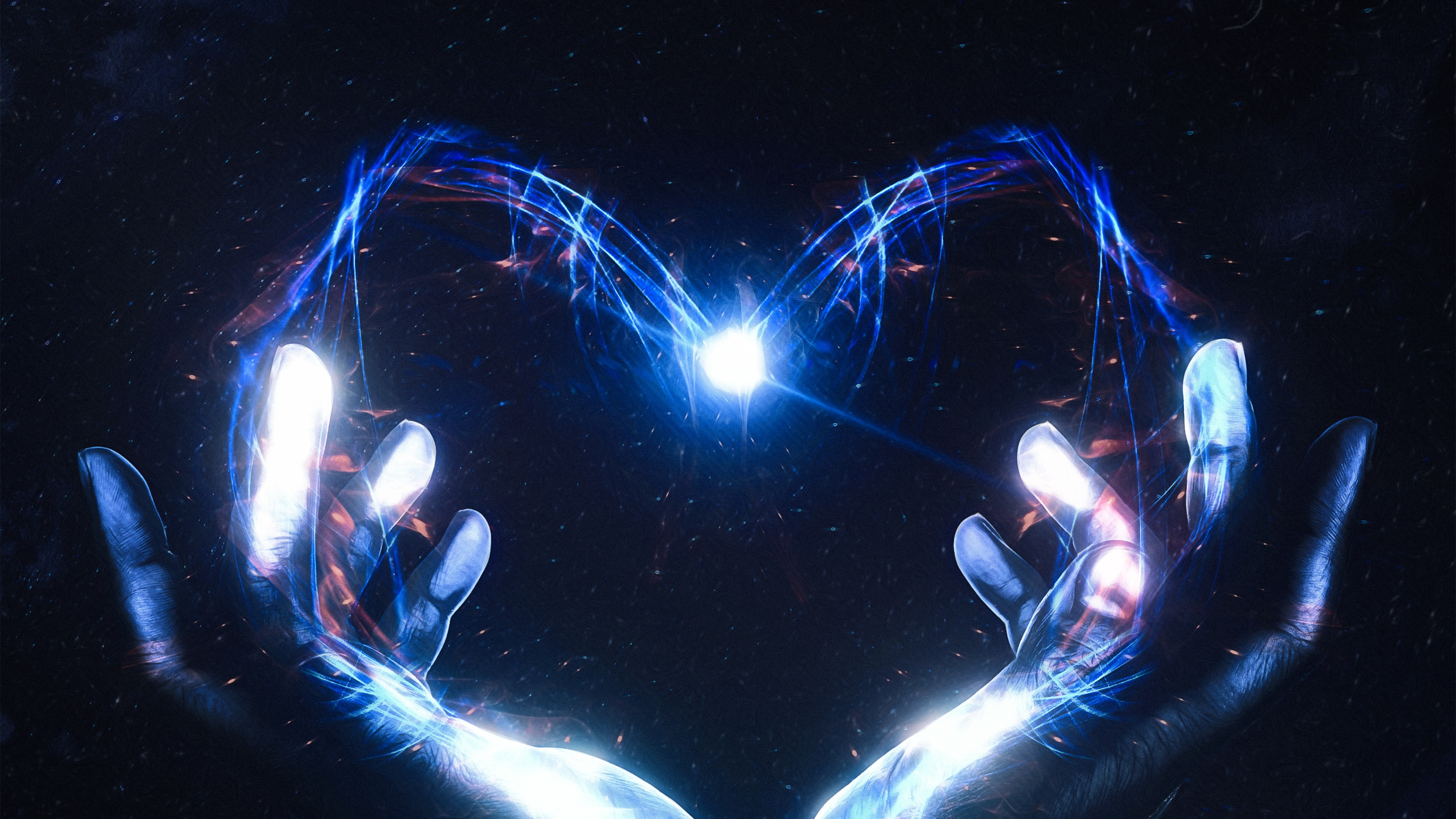 Two hands cupped together holding a glowing, surreal heart made of vibrant energy against a dark, moody background.