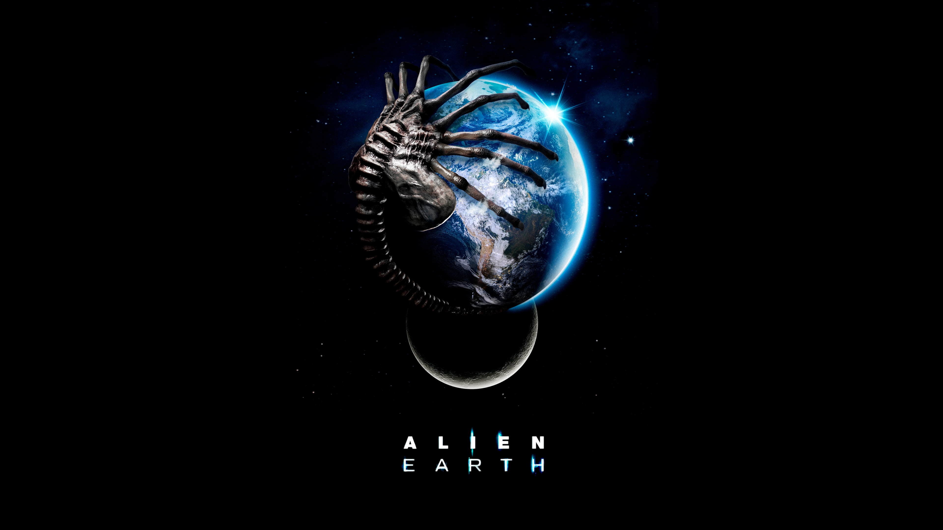 A detailed, dark cinematic view of an alien creature from the Alien: Earth series against a black background.