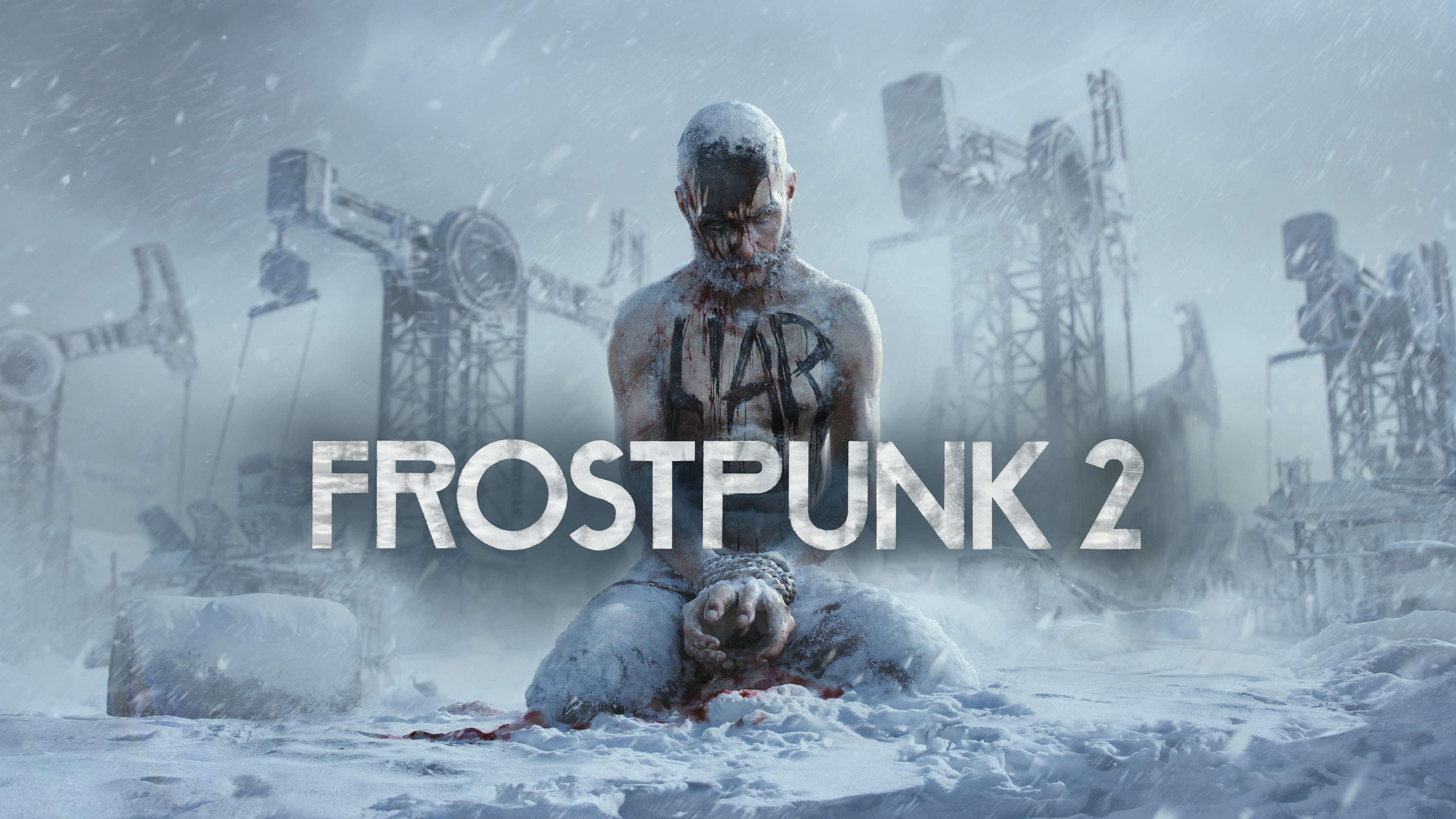 A person in heavy, fur-lined industrial winter gear standing in a snowy, desolate landscape inspired by Frostpunk 2.