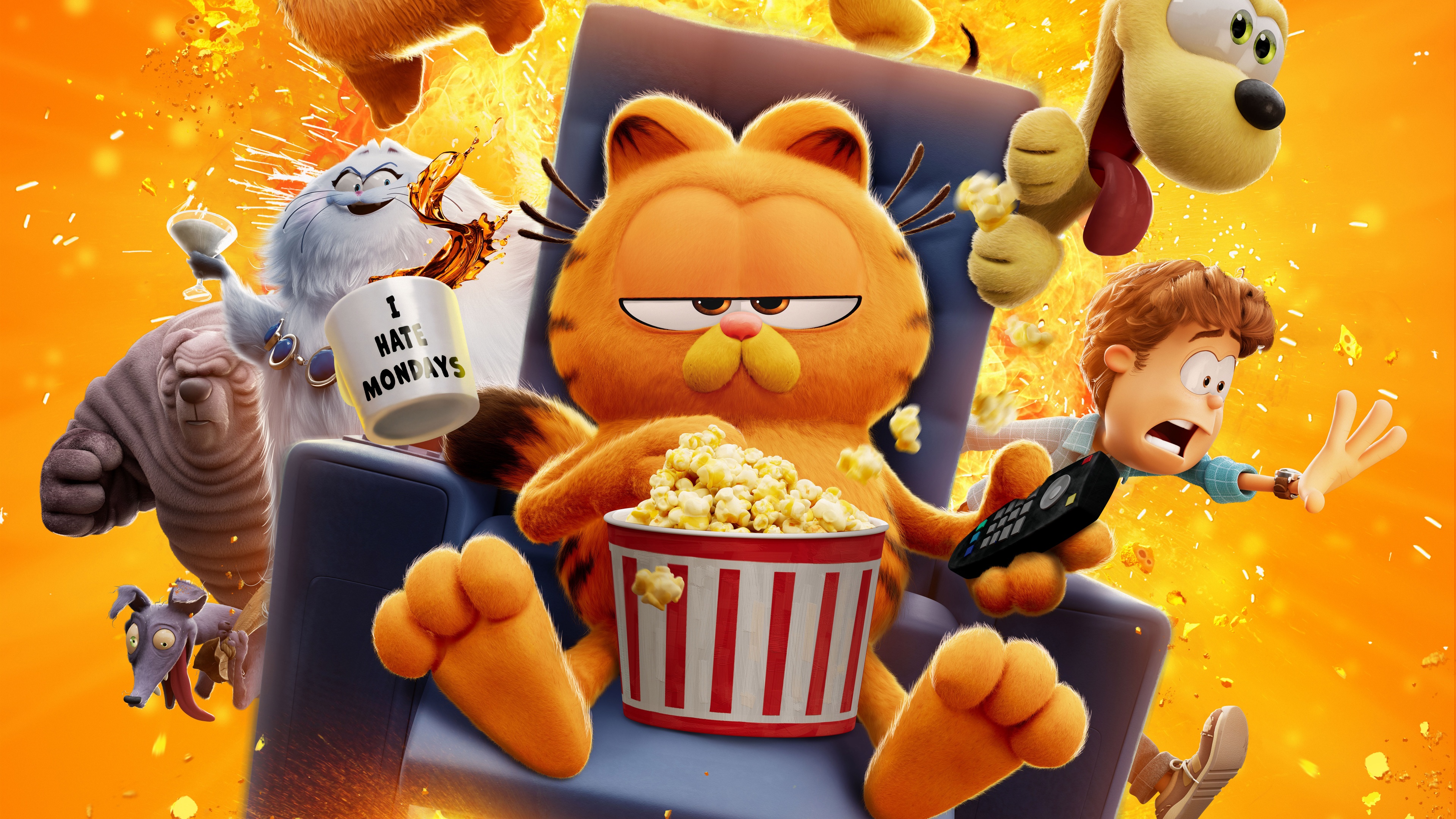 A cinematic 8K movie poster featuring Garfield the orange tabby cat from The Garfield Movie.