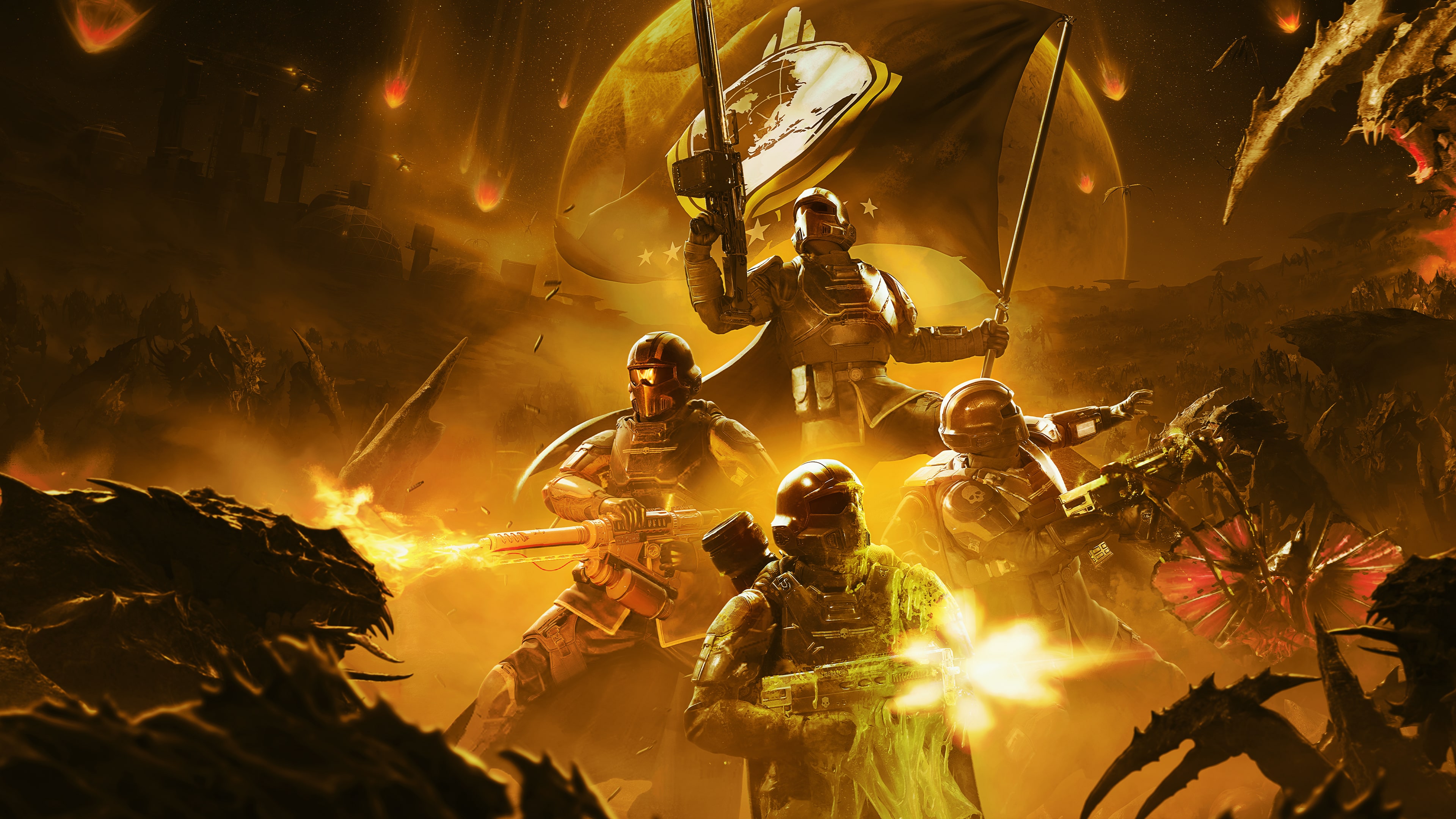 A Helldiver soldier from Helldivers 2 wearing signature heavy tactical armor and a cape on a sci-fi battlefield.