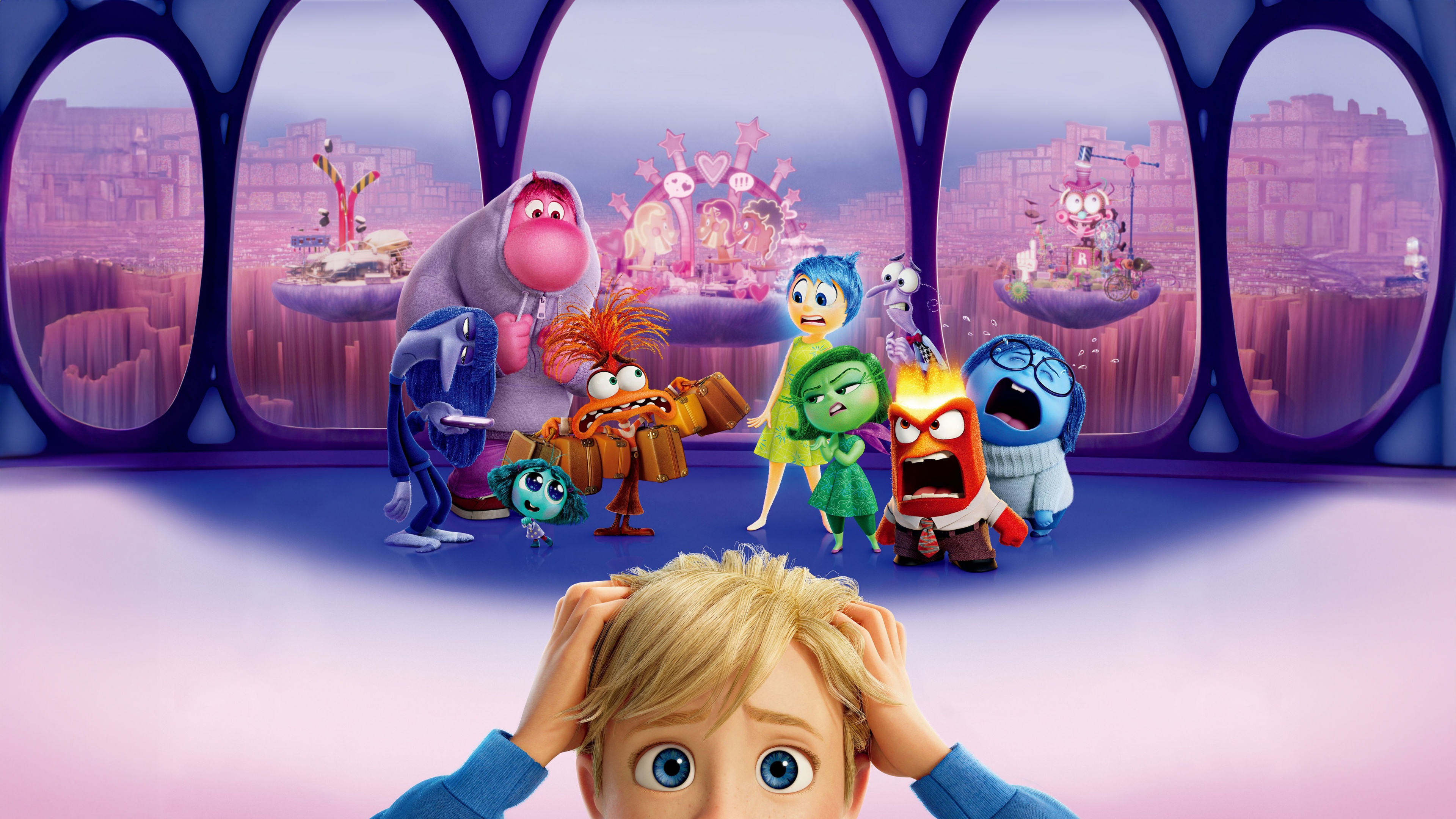 A collection of characters including Joy, Sadness, Anger, Fear, Disgust, Anxiety, Envy, and Embarrassment from the Pixar movie Inside Out 2.