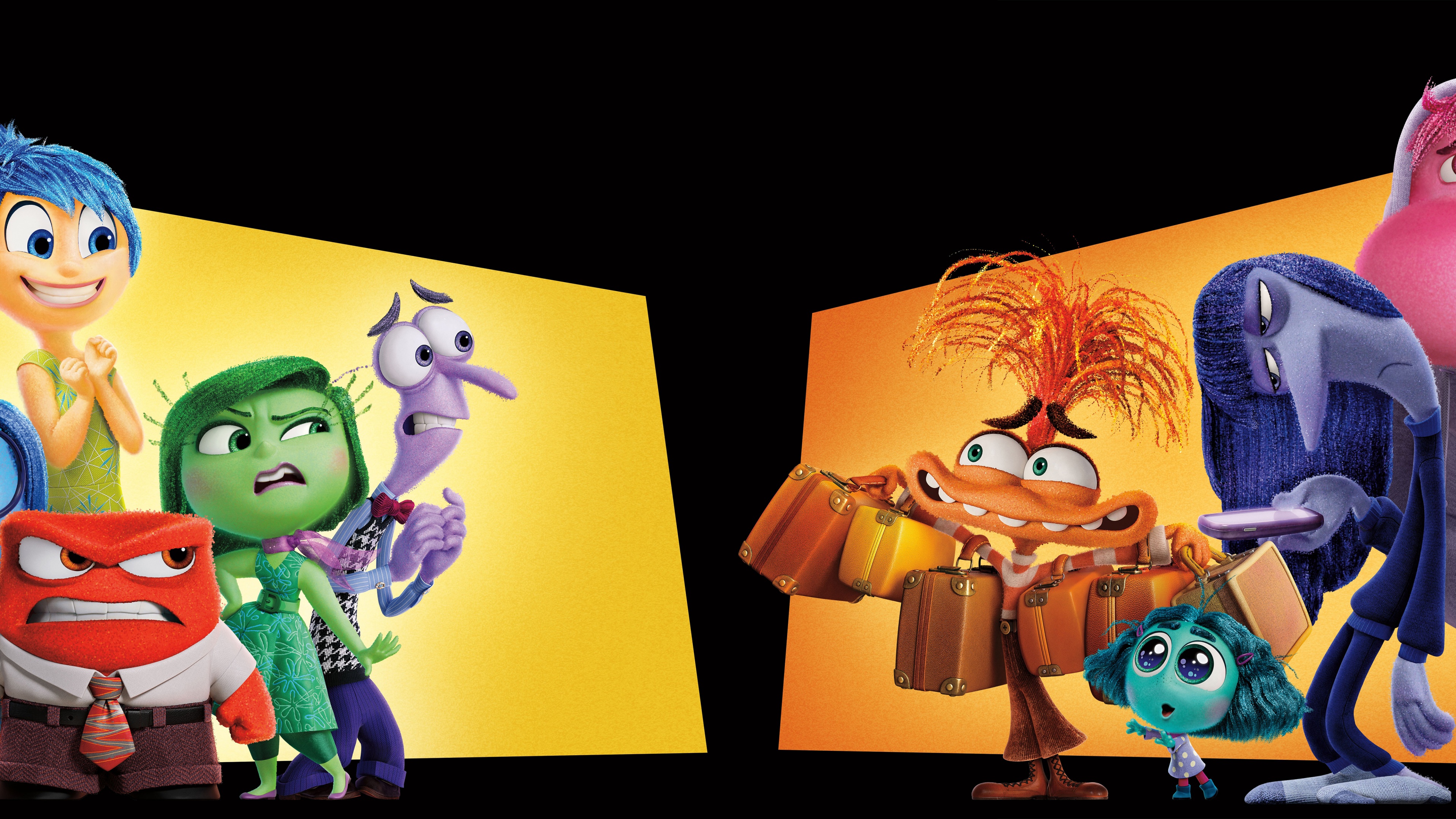 A cinematic group portrait of the characters Joy, Sadness, Anger, Fear, Disgust, and Anxiety from the Pixar animated film Inside Out 2 on a black background.